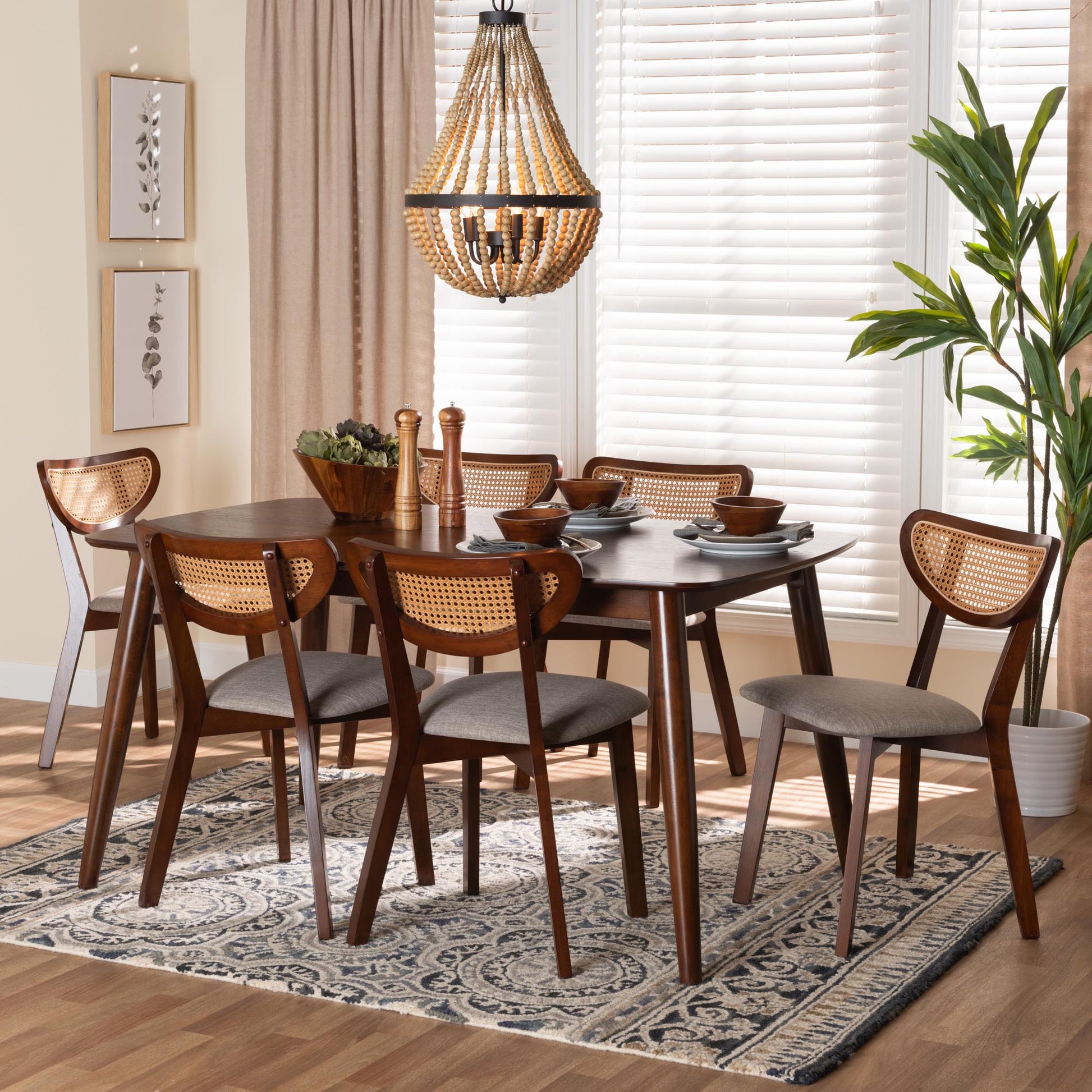 Baxton Studio Dannell Mid-Century Modern Grey Fabric and Walnut Brown Finished Wood 7-Piece Dining Set | Dining Sets | Modishstore