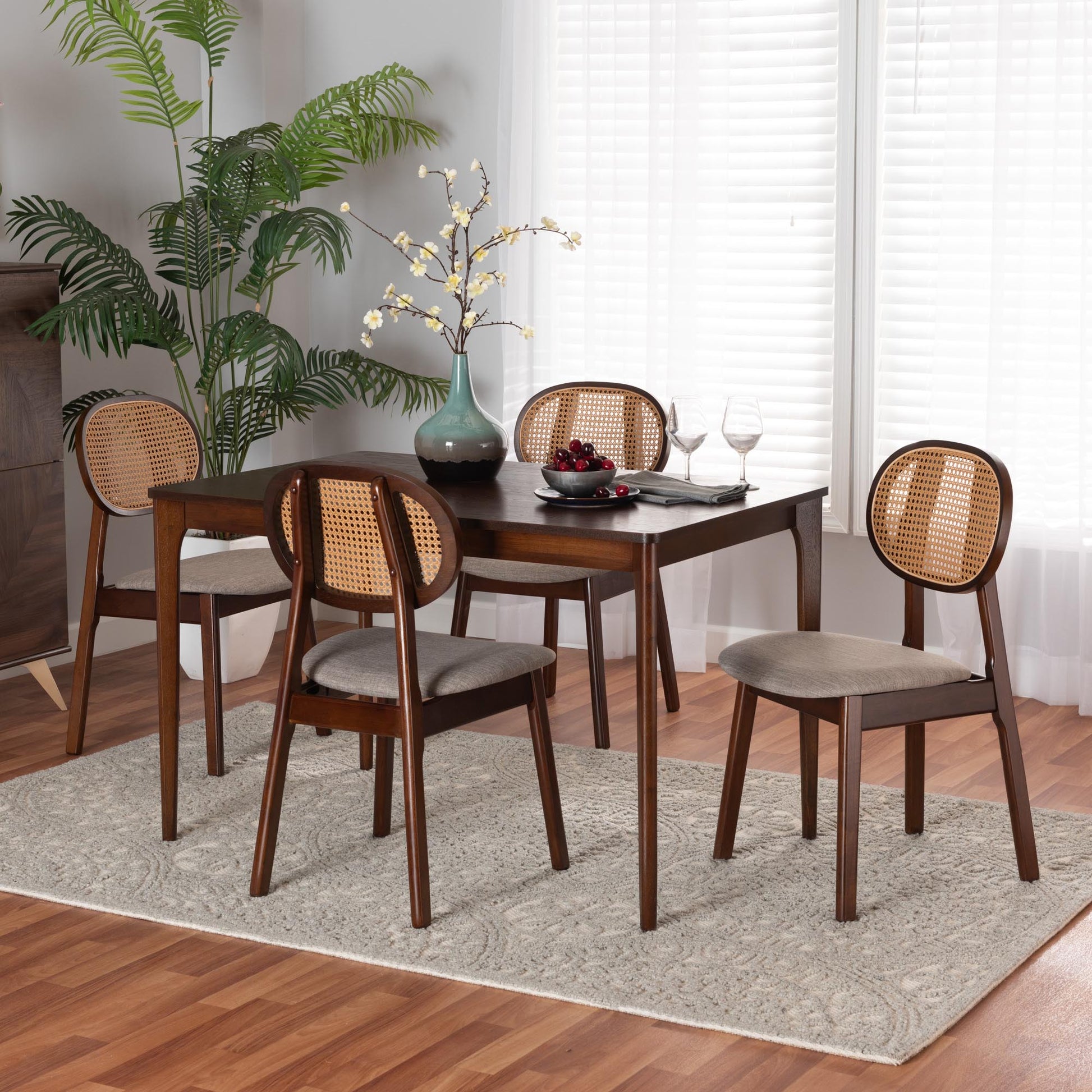 Baxton Studio Darrion Mid-Century Modern Grey Fabric and Walnut Brown Finished Wood 5-Piece Dining Set | Dining Sets | Modishstore