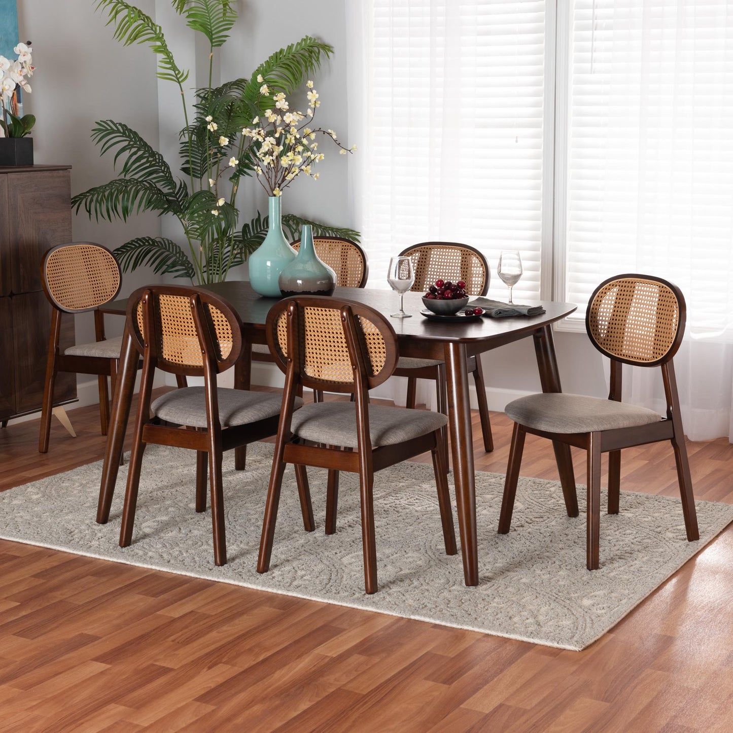 Baxton Studio Darrion Mid-Century Modern Grey Fabric and Walnut Brown Finished Wood 7-Piece Dining Set | Dining Sets | Modishstore