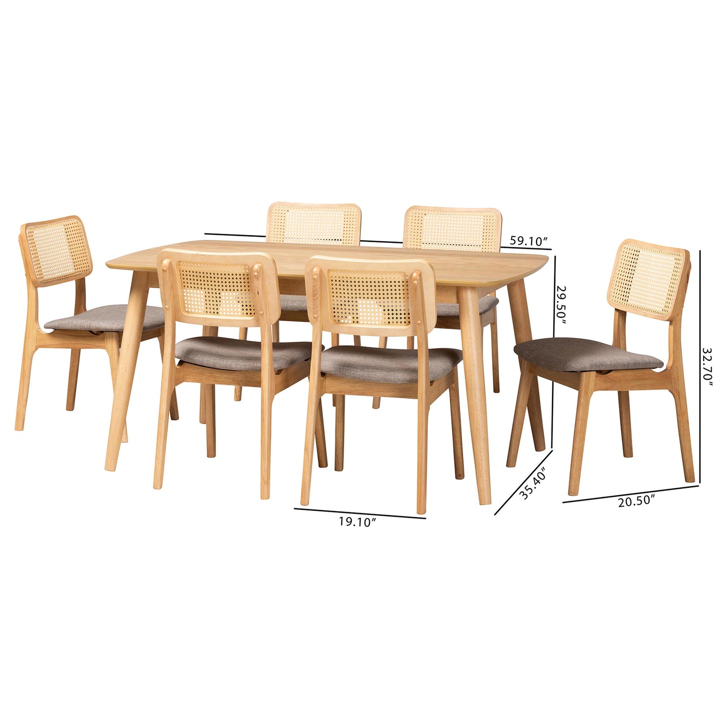 Baxton Studio Dannon Mid-Century Modern Grey Fabric and Natural Oak Finished Wood 7-Piece Dining Set | Dining Sets | Modishstore - 10