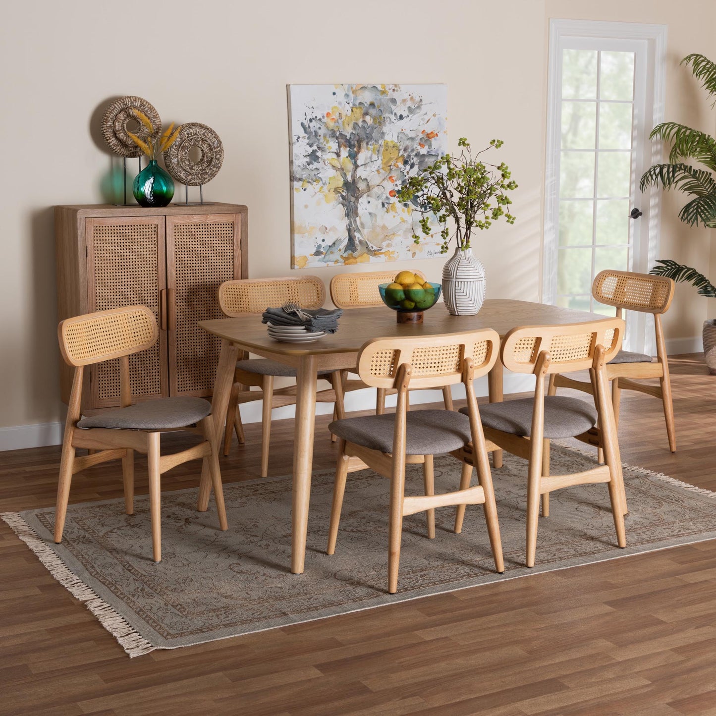 Baxton Studio Tarana Mid-Century Modern Grey Fabric and Natural Oak Finished Wood 7-Piece Dining Set | Dining Sets | Modishstore