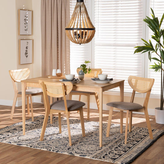 Baxton Studio Dannell Mid-Century Modern Grey Fabric and Natural Oak Finished Wood 5-Piece Dining Set | Dining Sets | Modishstore