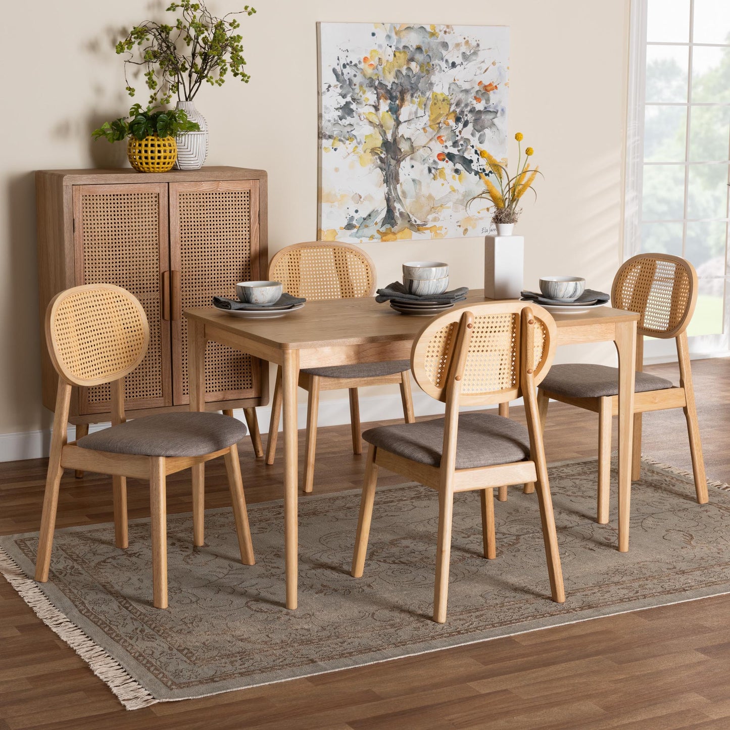 Baxton Studio Darrion Mid-Century Modern Grey Fabric and Natural Oak Finished Wood 5-Piece Dining Set | Dining Sets | Modishstore