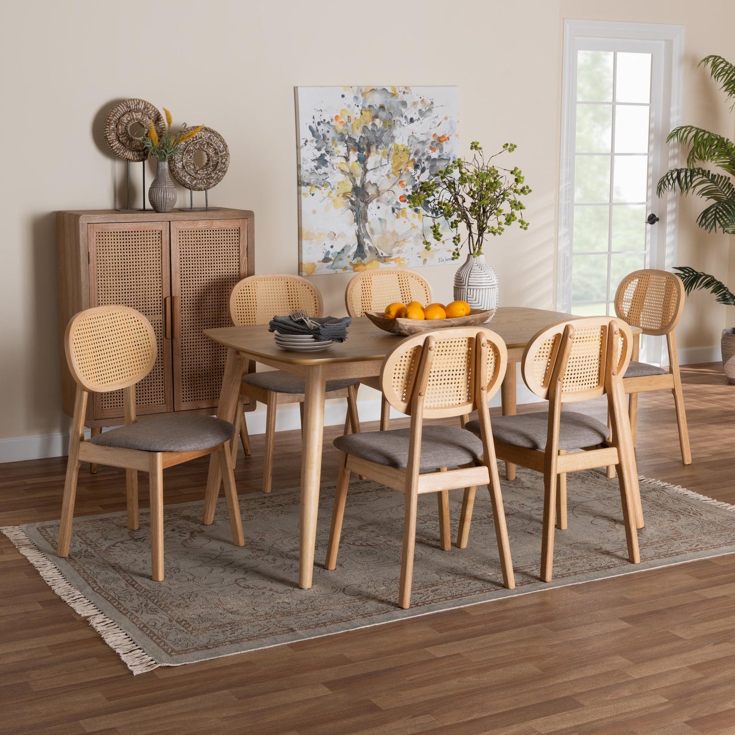 Baxton Studio Darrion Mid-Century Modern Grey Fabric and Natural Oak Finished Wood 7-Piece Dining Set | Dining Sets | Modishstore