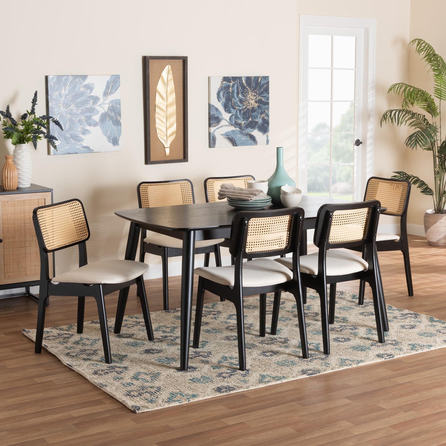 Baxton Studio Dannon Mid-Century Modern Cream Fabric and Black Finished Wood 7-Piece Dining Set | Dining Sets | Modishstore