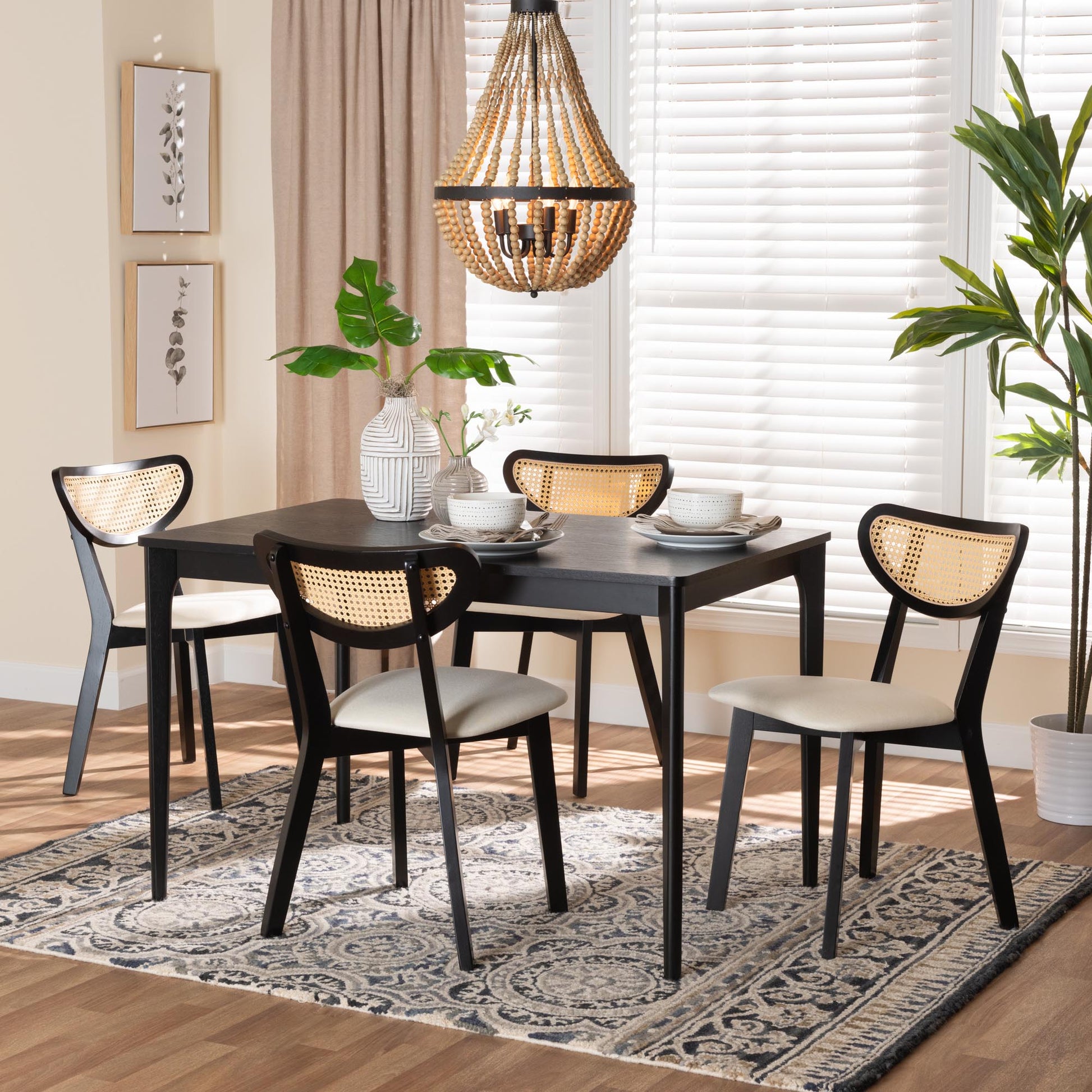 Baxton Studio Dannell Mid-Century Modern Cream Fabric and Black Finished Wood 5-Piece Dining Set | Dining Sets | Modishstore