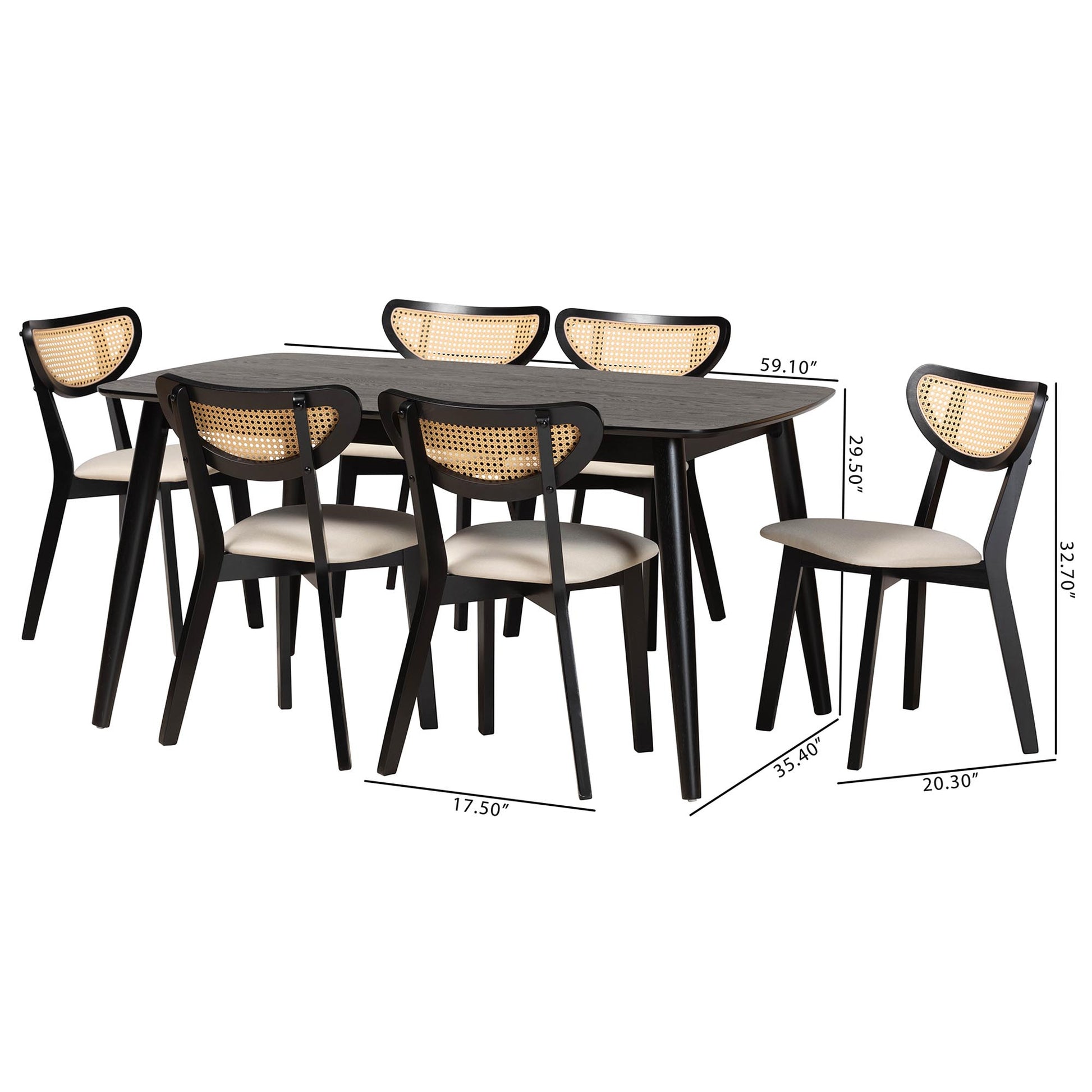 Baxton Studio Dannell Mid-Century Modern Cream Fabric and Black Finished Wood 7-Piece Dining Set | Dining Sets | Modishstore - 10