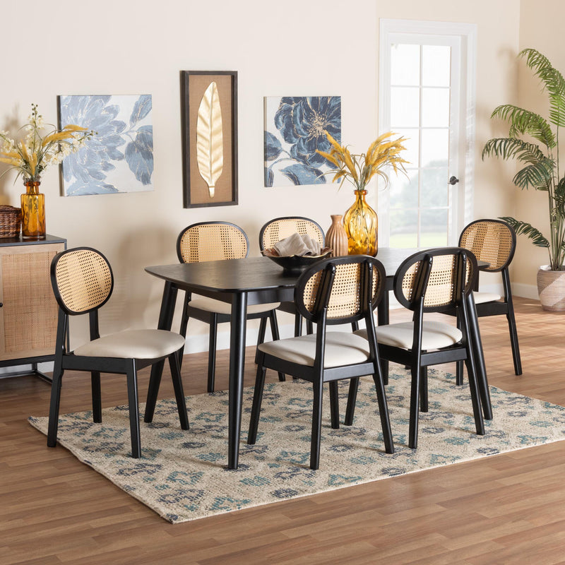 Baxton Studio Darrion Mid-Century Modern Cream Fabric and Black Finished Wood 7-Piece Dining Set | Dining Sets | Modishstore