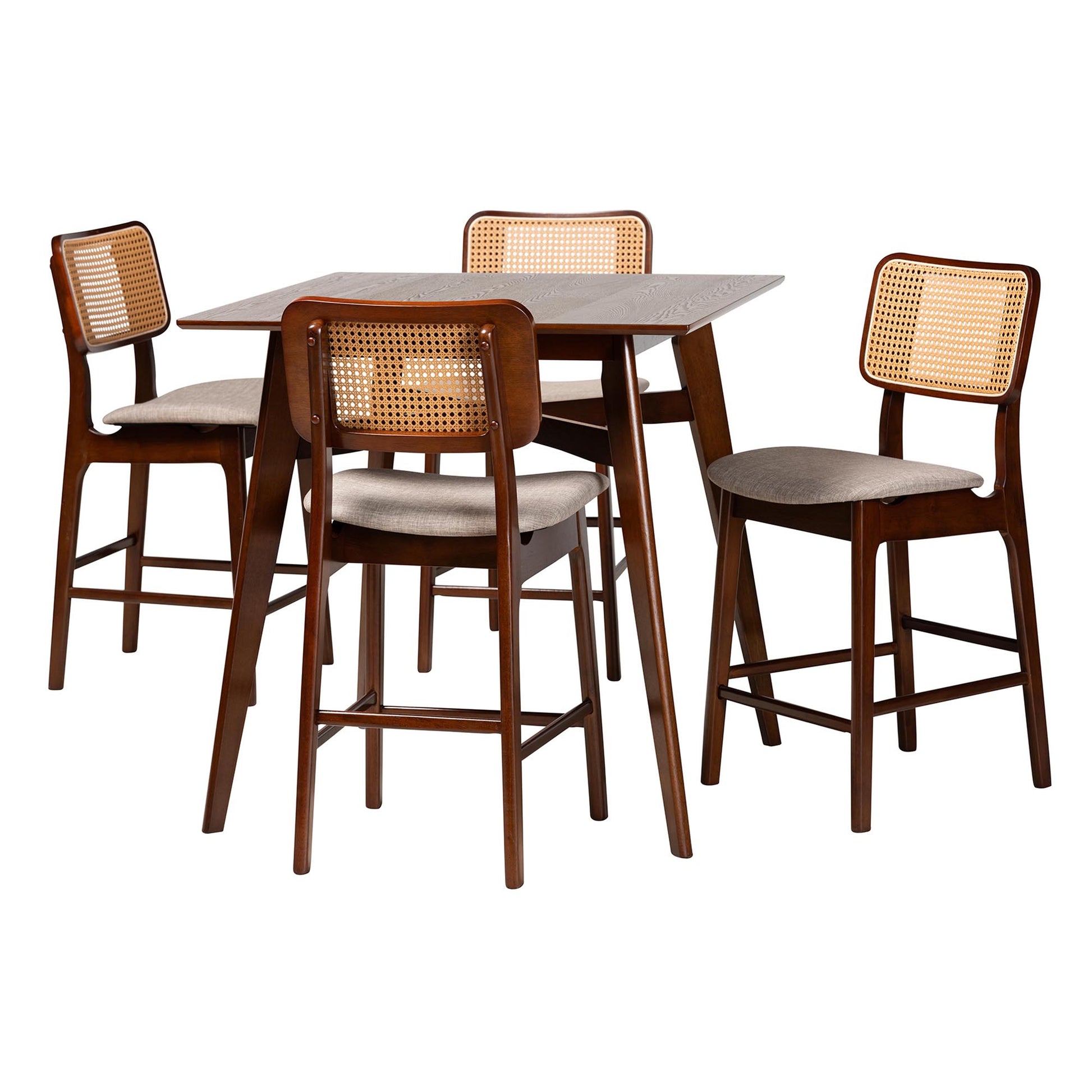 Baxton Studio Dannon Mid-Century Modern Grey Fabric and Walnut Brown Finished Wood 5-Piece Pub Set | Bar Stools & Table | Modishstore - 2