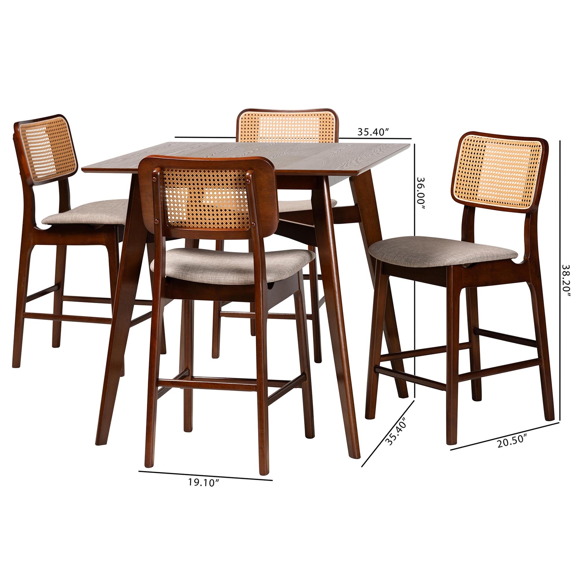 Baxton Studio Dannon Mid-Century Modern Grey Fabric and Walnut Brown Finished Wood 5-Piece Pub Set | Bar Stools & Table | Modishstore - 10