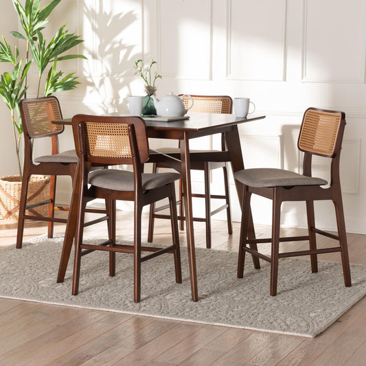 Baxton Studio Dannon Mid-Century Modern Grey Fabric and Walnut Brown Finished Wood 5-Piece Pub Set | Bar Stools & Table | Modishstore