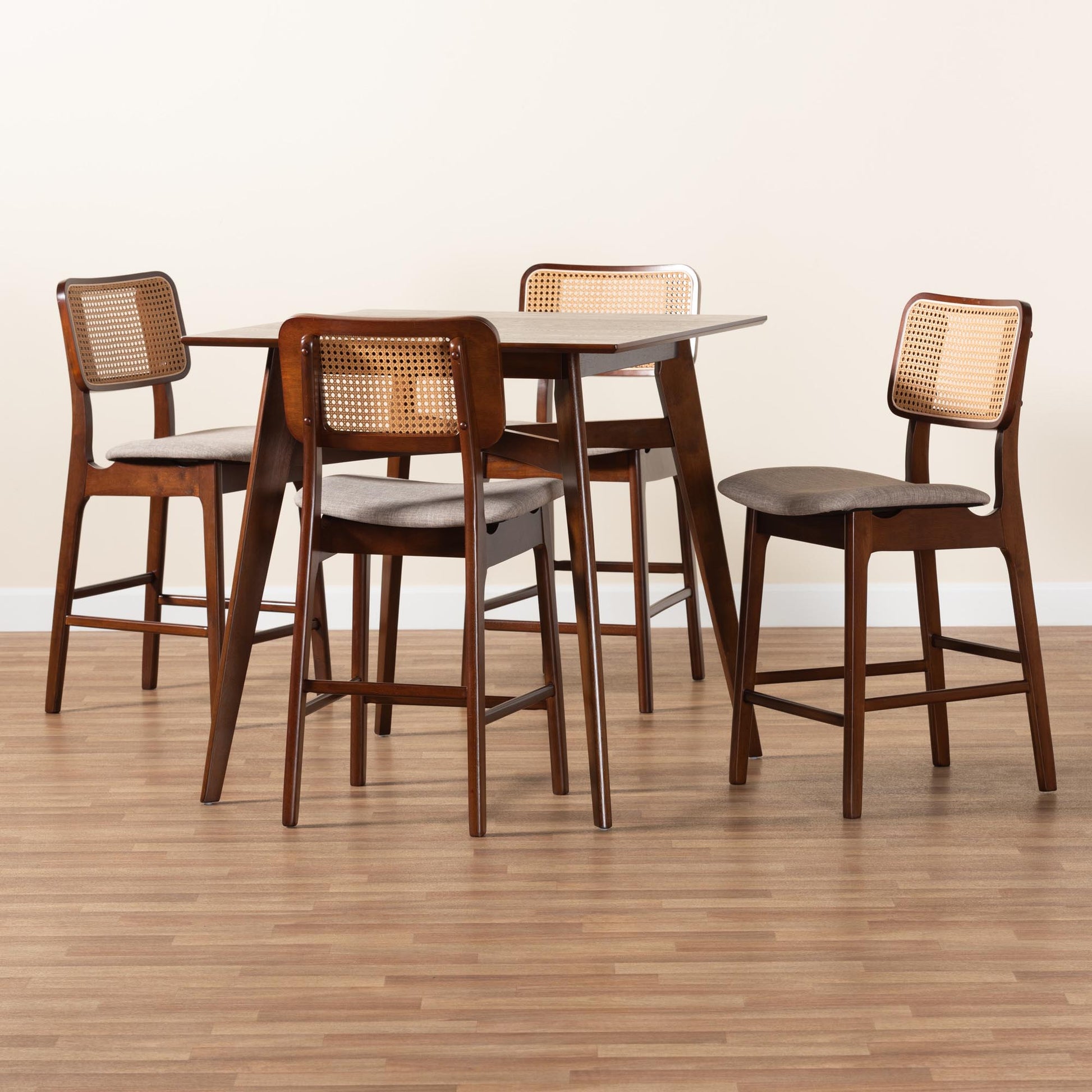 Baxton Studio Dannon Mid-Century Modern Grey Fabric and Walnut Brown Finished Wood 5-Piece Pub Set | Bar Stools & Table | Modishstore - 9