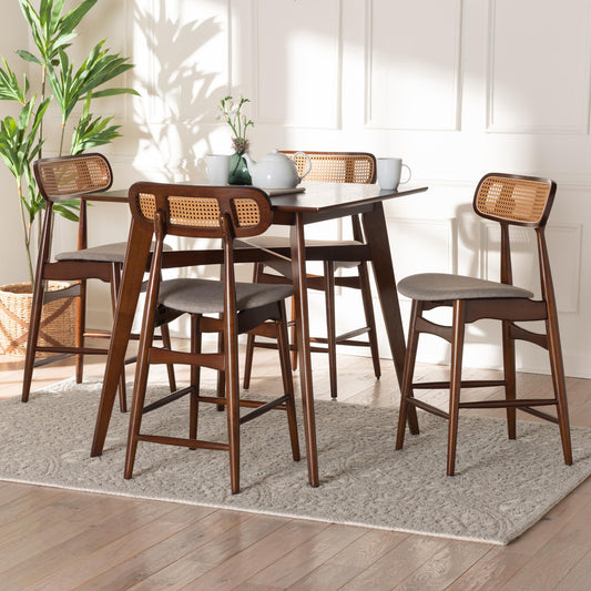 Baxton Studio Tarana Mid-Century Modern Grey Fabric and Walnut Brown Finished Wood 5-Piece Pub Set | Bar Stools & Table | Modishstore