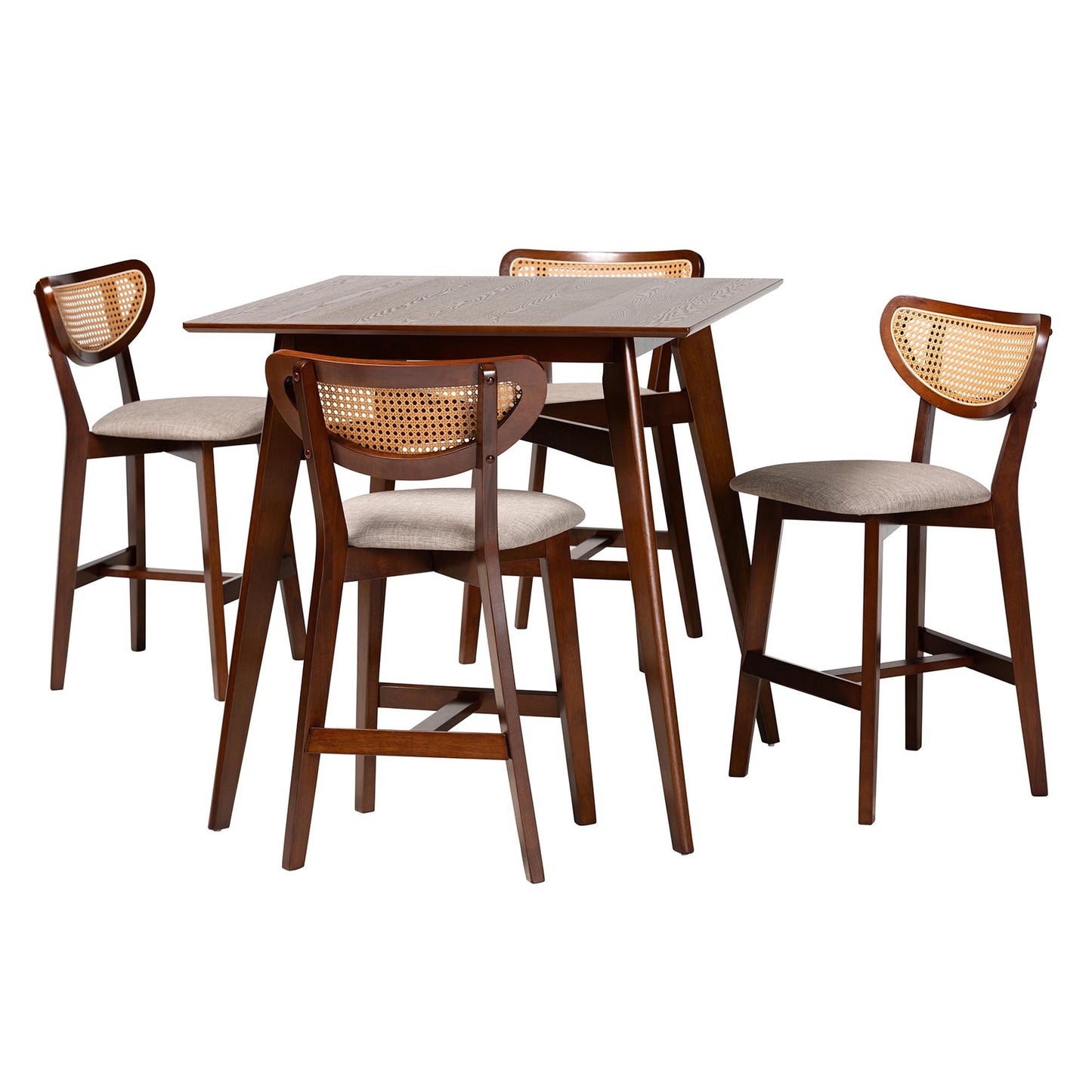 Baxton Studio Dannell Mid-Century Modern Grey Fabric and Walnut Brown Finished Wood 5-Piece Pub Set | Bar Stools & Table | Modishstore - 4