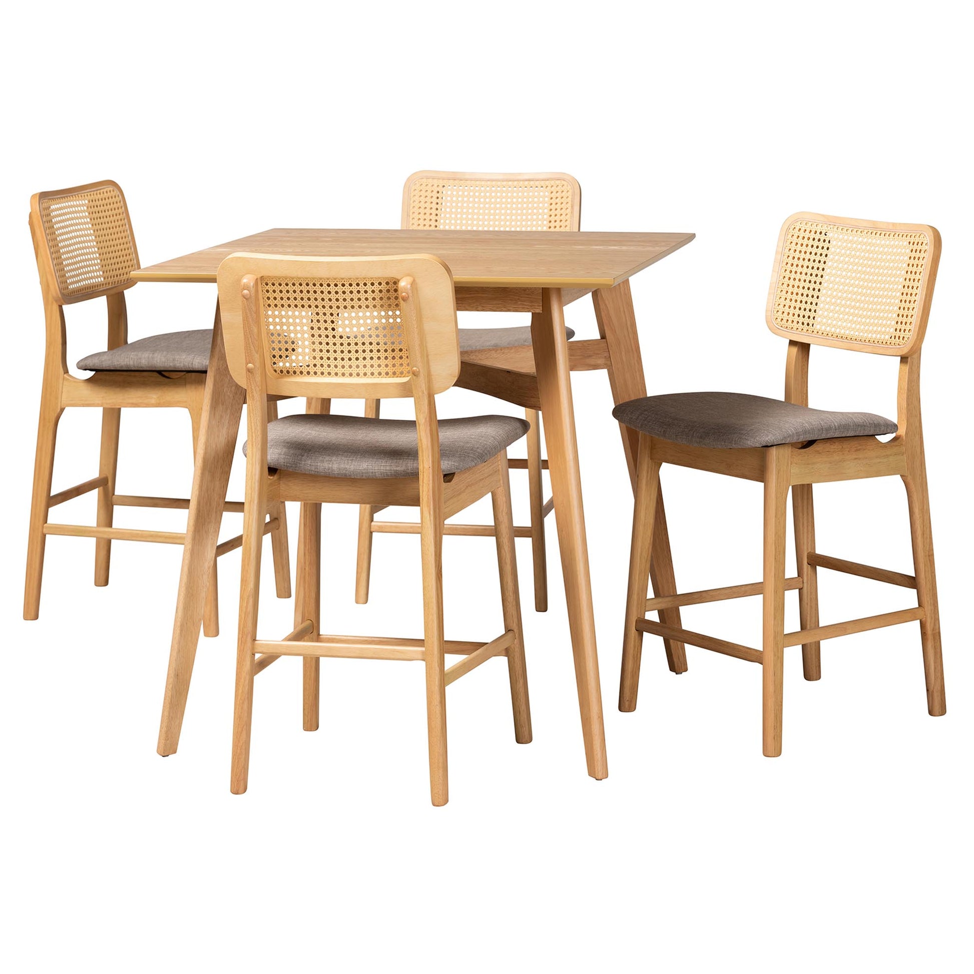 Baxton Studio Dannon Mid-Century Modern Grey Fabric and Natural Oak Finished Wood 5-Piece Pub Set | Bar Stools & Table | Modishstore - 2