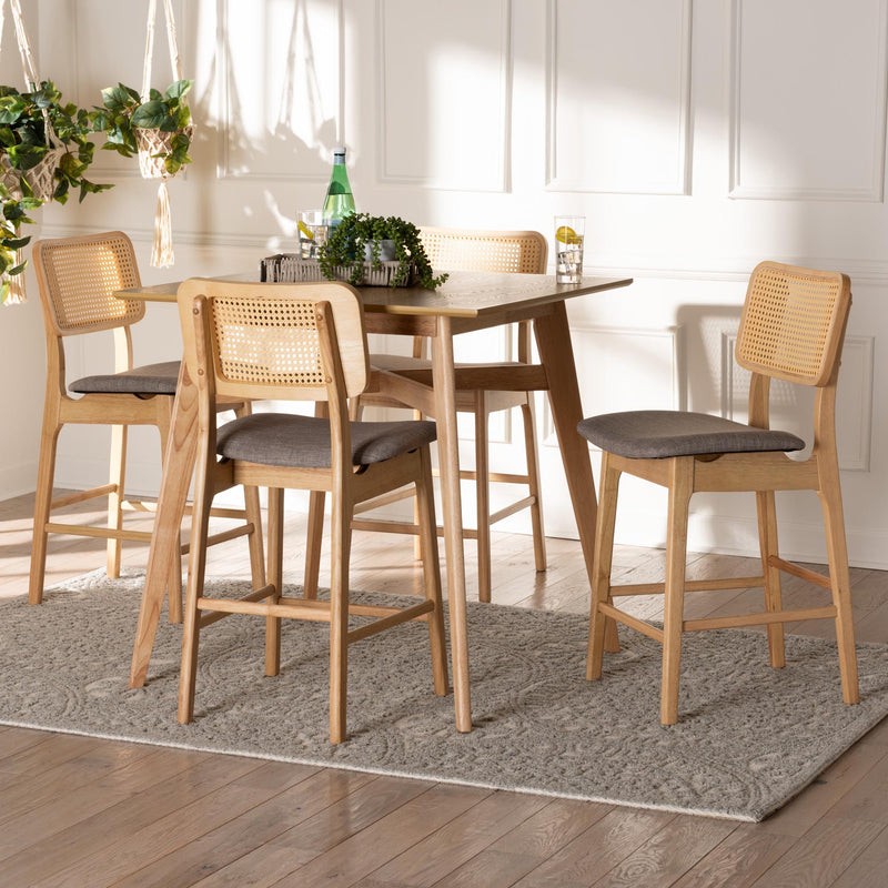 Baxton Studio Dannon Mid-Century Modern Grey Fabric and Natural Oak Finished Wood 5-Piece Pub Set | Bar Stools & Table | Modishstore