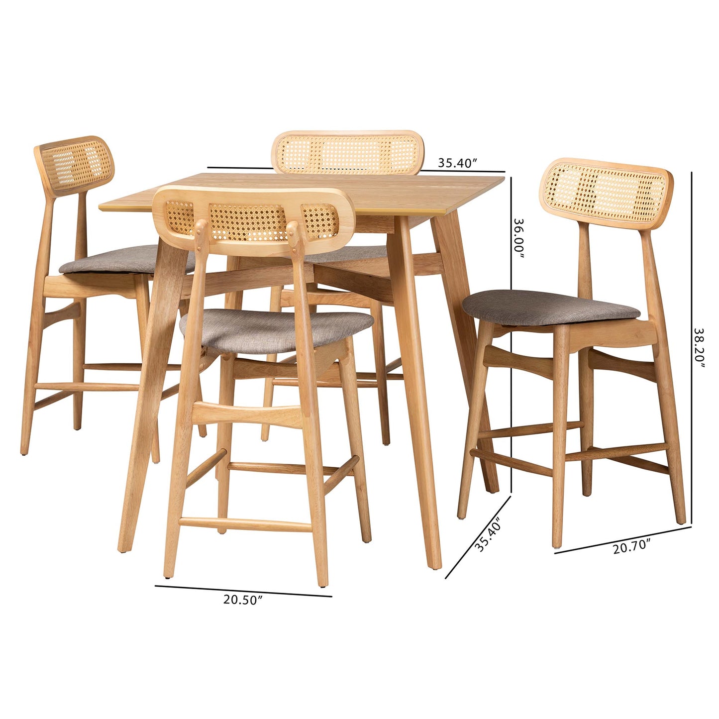 Baxton Studio Tarana Mid-Century Modern Grey Fabric and Natural Oak Finished Wood 5-Piece Pub Set | Bar Stools & Table | Modishstore - 3