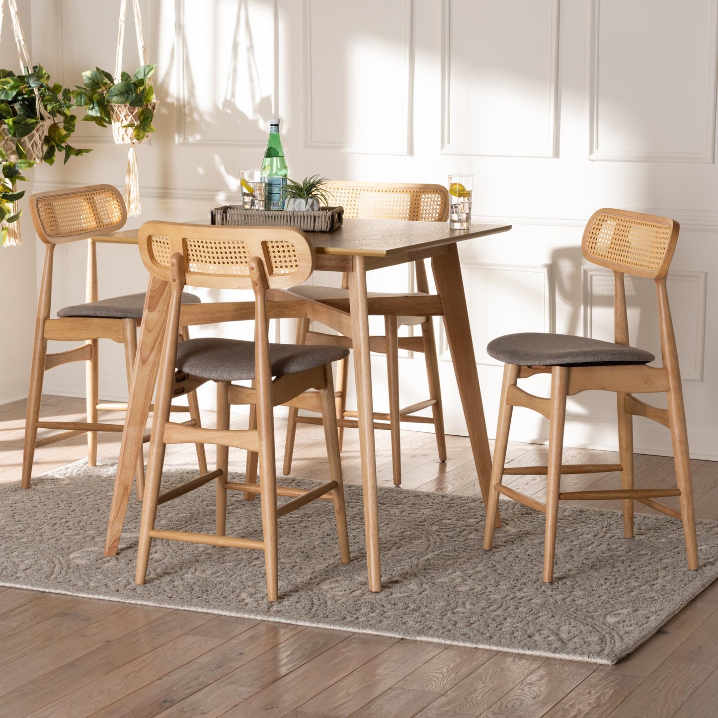 Baxton Studio Tarana Mid-Century Modern Grey Fabric and Natural Oak Finished Wood 5-Piece Pub Set | Bar Stools & Table | Modishstore