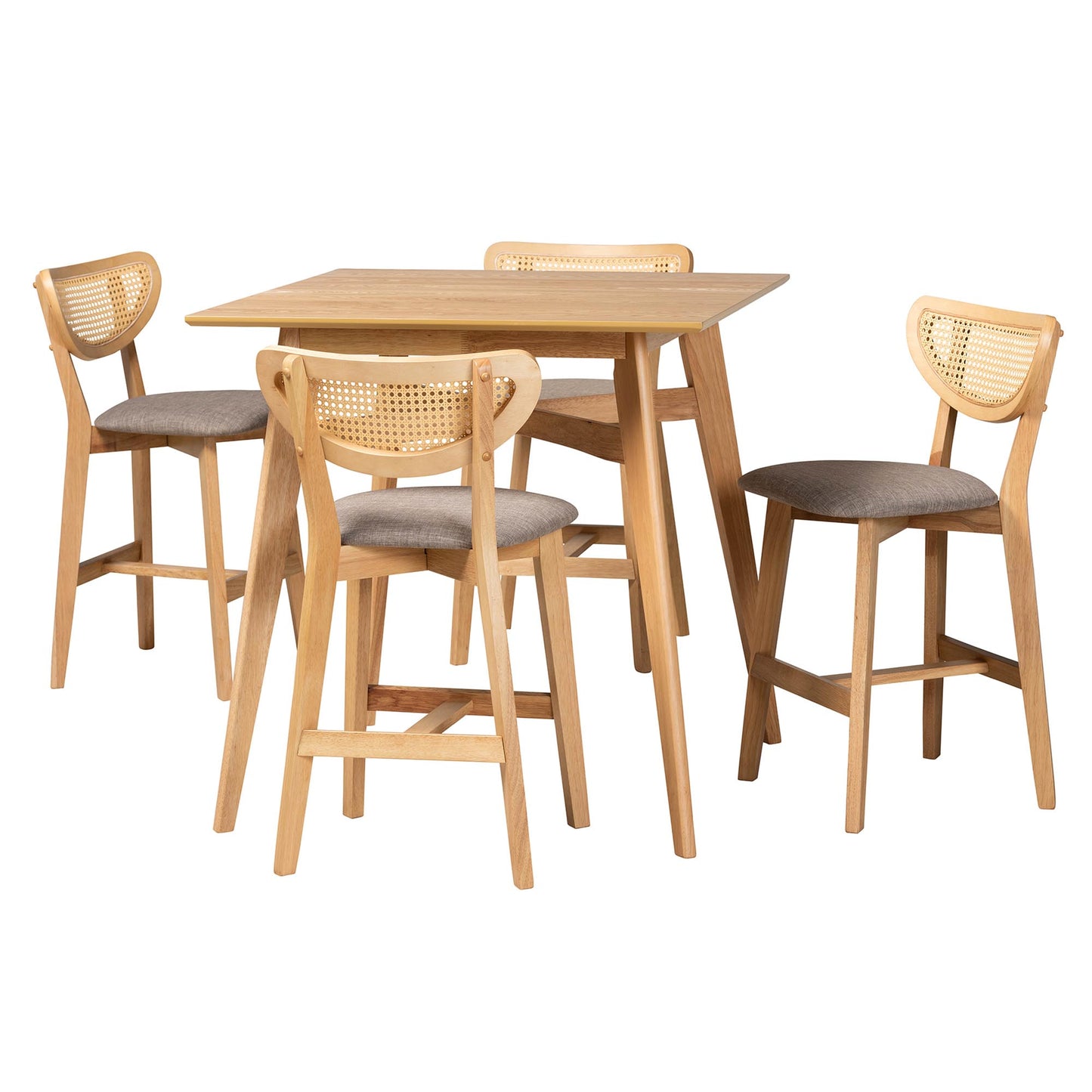 Baxton Studio Dannell Mid-Century Modern Grey Fabric and Natural Oak Finished Wood 5-Piece Pub Set | Bar Stools & Table | Modishstore - 4