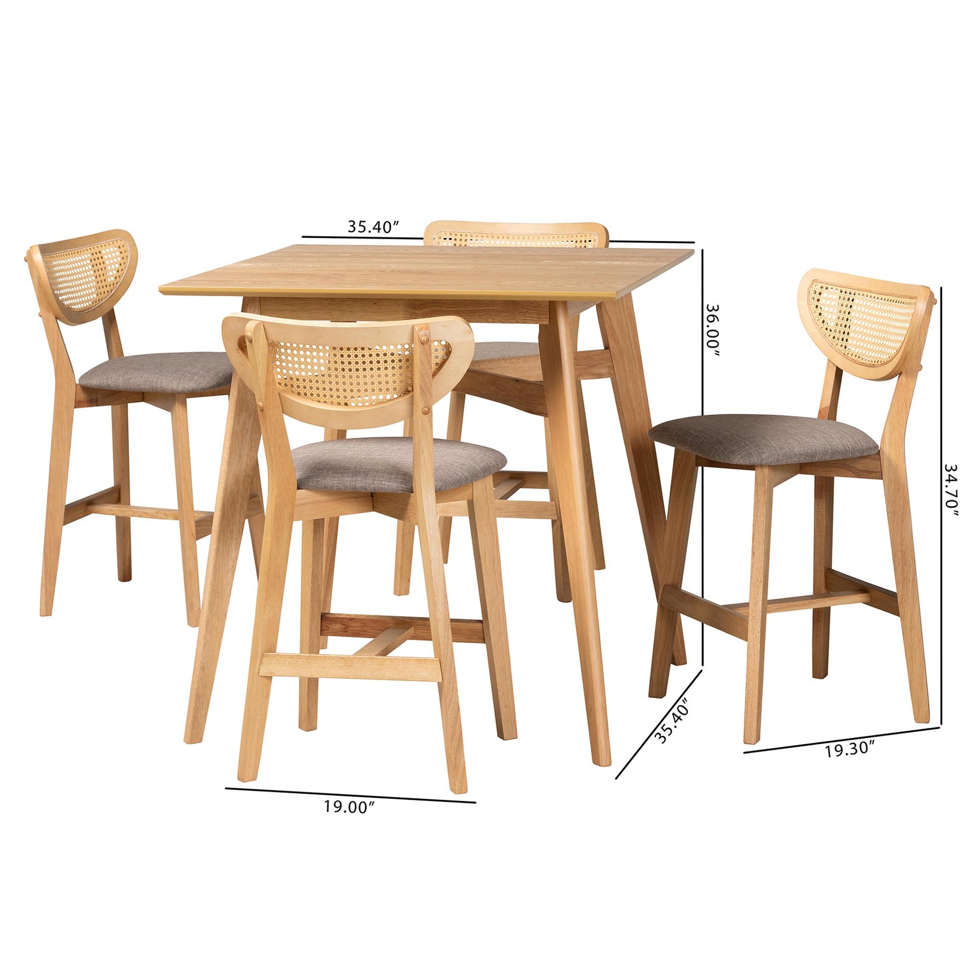 Baxton Studio Dannell Mid-Century Modern Grey Fabric and Natural Oak Finished Wood 5-Piece Pub Set | Bar Stools & Table | Modishstore - 3