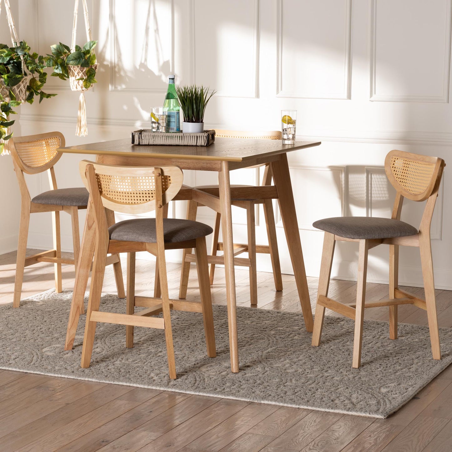 Baxton Studio Dannell Mid-Century Modern Grey Fabric and Natural Oak Finished Wood 5-Piece Pub Set | Bar Stools & Table | Modishstore