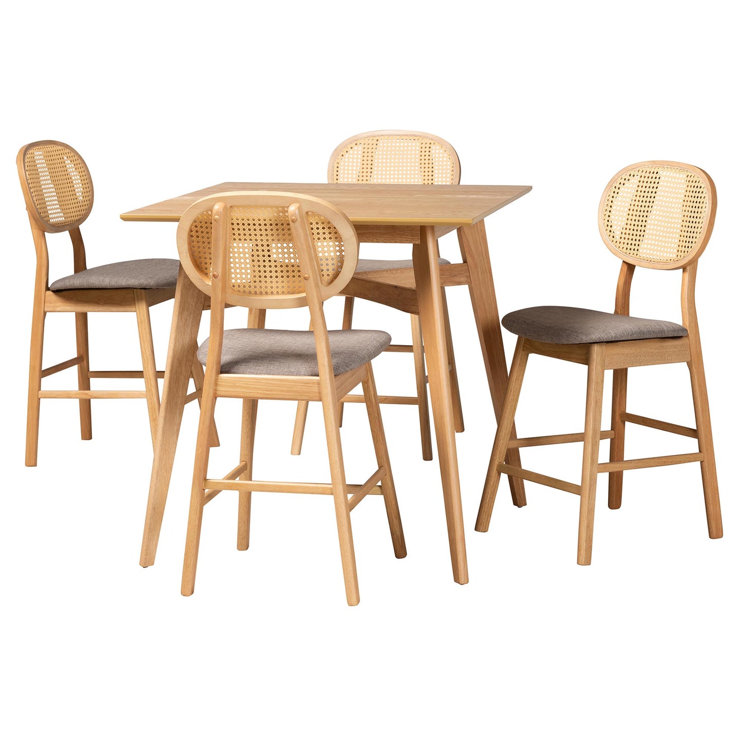 Baxton Studio Darrion Mid-Century Modern Grey Fabric and Natural Oak Finished Wood 5-Piece Pub Set | Bar Stools & Table | Modishstore - 2