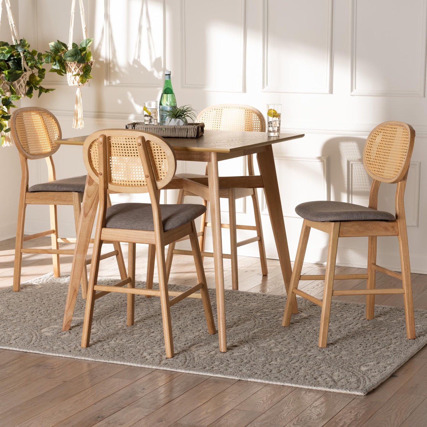 Baxton Studio Darrion Mid-Century Modern Grey Fabric and Natural Oak Finished Wood 5-Piece Pub Set | Bar Stools & Table | Modishstore