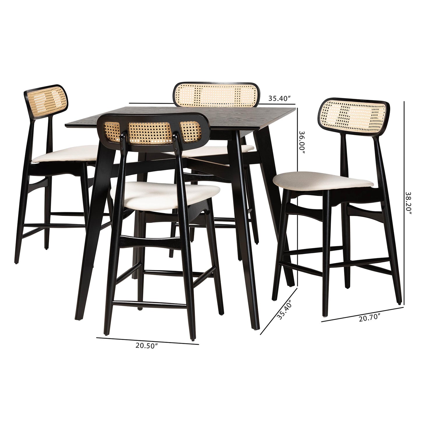 Baxton Studio Tarana Mid-Century Modern Cream Fabric and Black Finished Wood 5-Piece Pub Set | Bar Stools & Table | Modishstore - 10