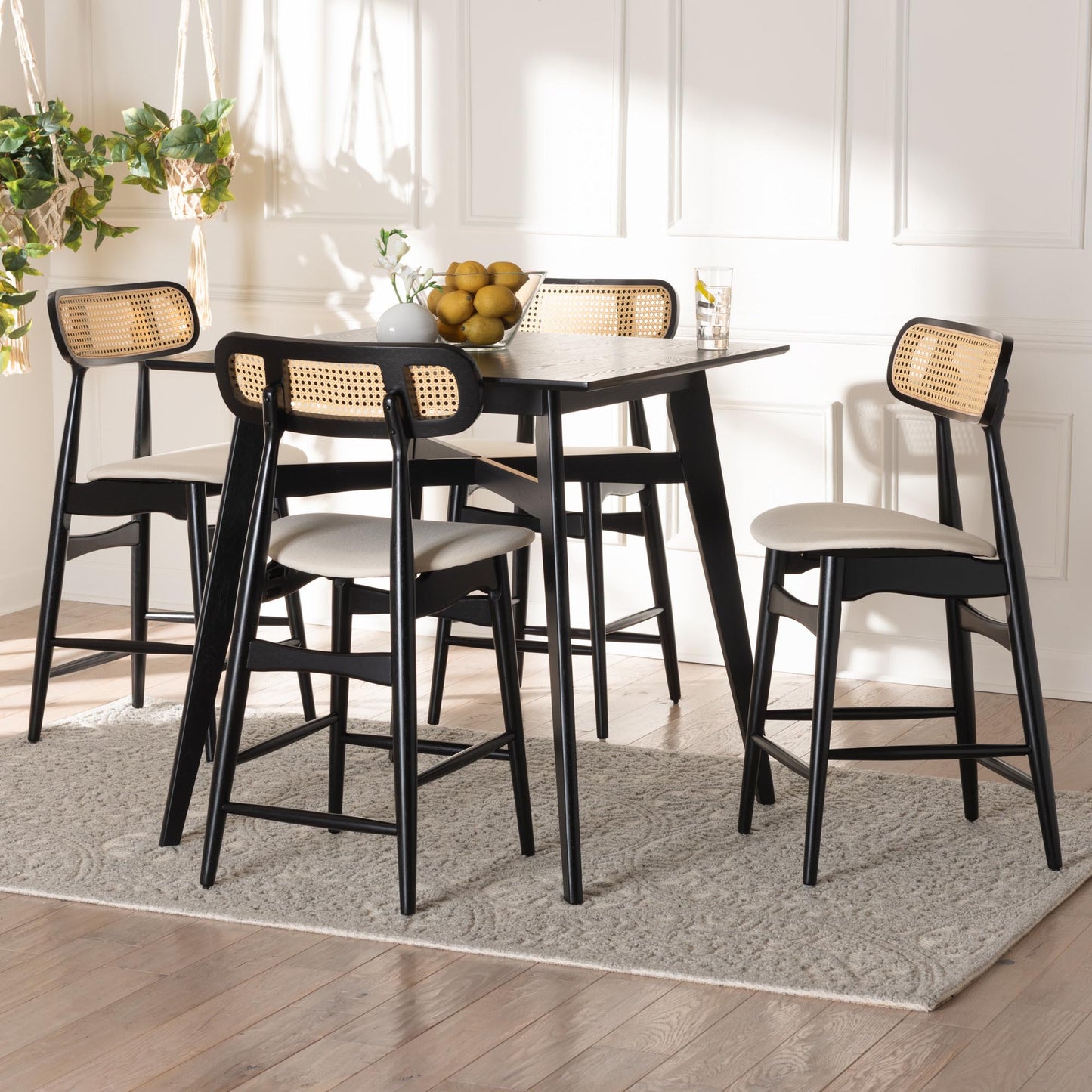 Baxton Studio Tarana Mid-Century Modern Cream Fabric and Black Finished Wood 5-Piece Pub Set | Bar Stools & Table | Modishstore