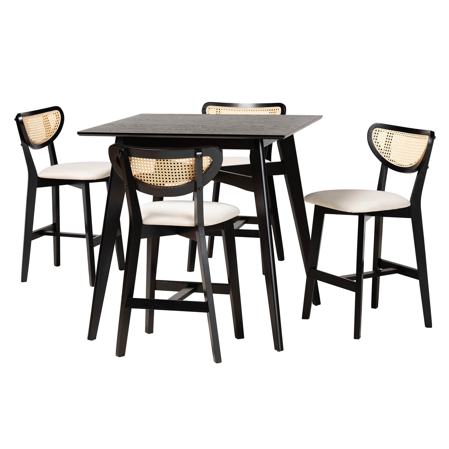 Baxton Studio Dannell Mid-Century Modern Cream Fabric and Black Finished Wood 5-Piece Pub Set | Bar Stools & Table | Modishstore - 2