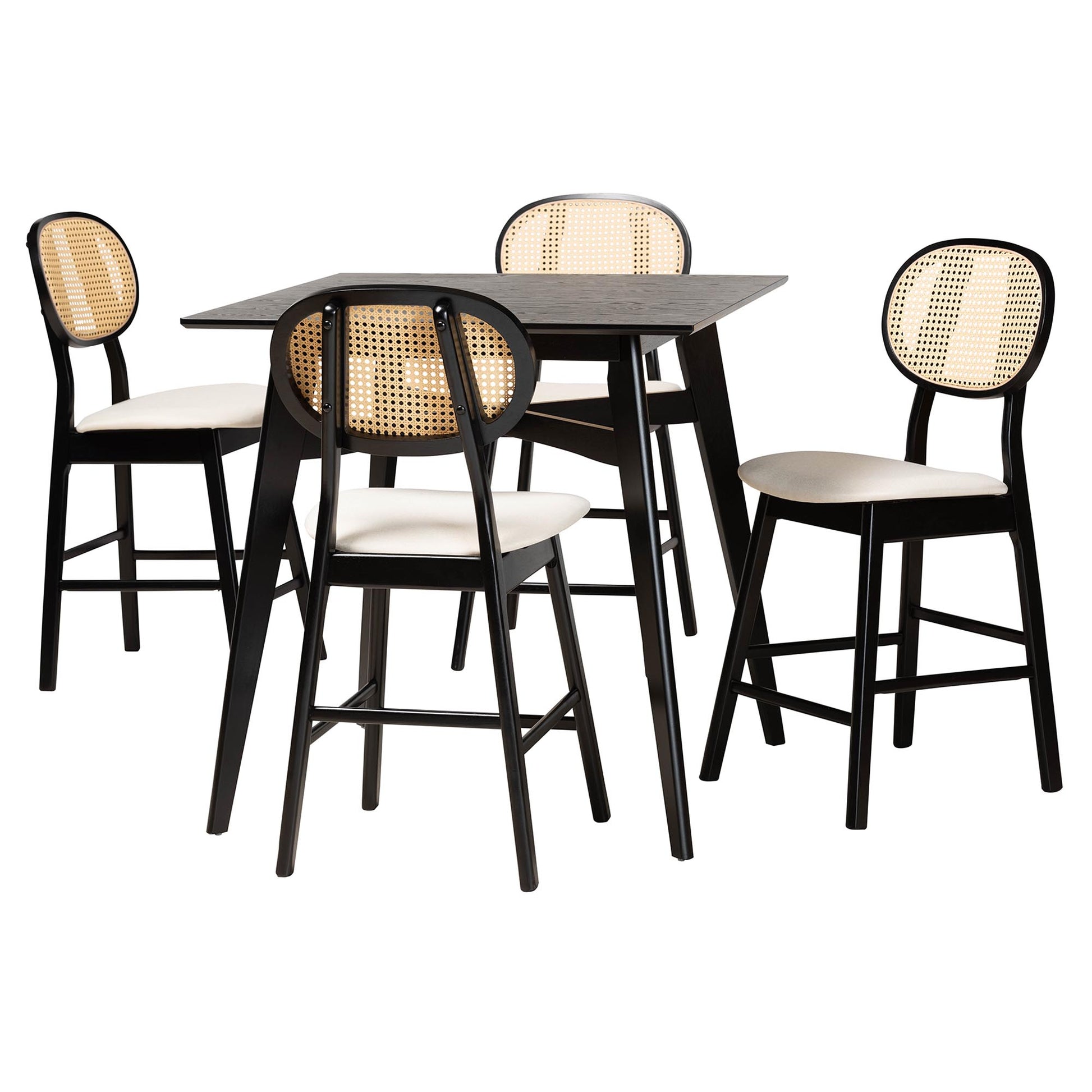 Baxton Studio Darrion Mid-Century Modern Cream Fabric and Black Finished Wood 5-Piece Pub set | Bar Stools & Table | Modishstore - 2