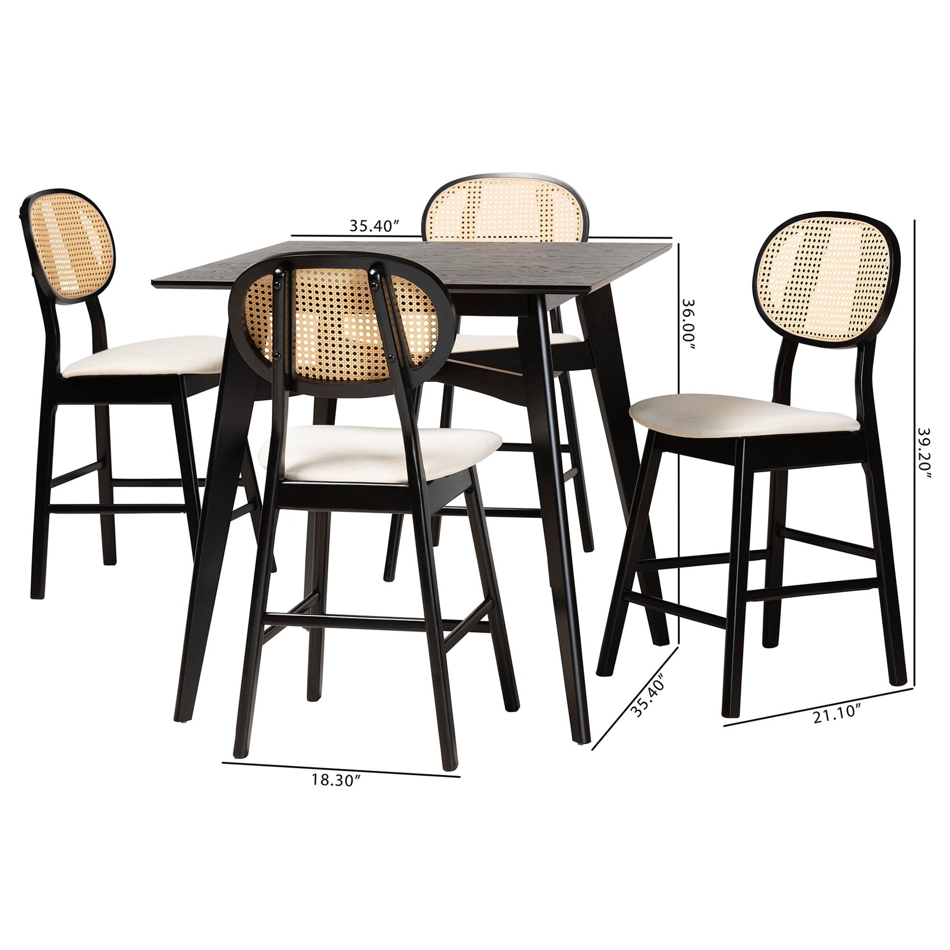 Baxton Studio Darrion Mid-Century Modern Cream Fabric and Black Finished Wood 5-Piece Pub set | Bar Stools & Table | Modishstore - 10