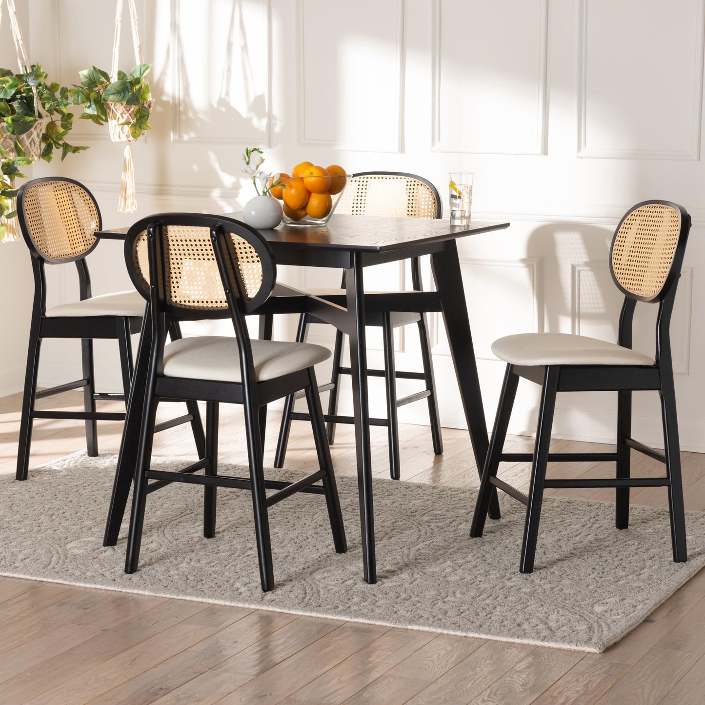 Baxton Studio Darrion Mid-Century Modern Cream Fabric and Black Finished Wood 5-Piece Pub set | Bar Stools & Table | Modishstore