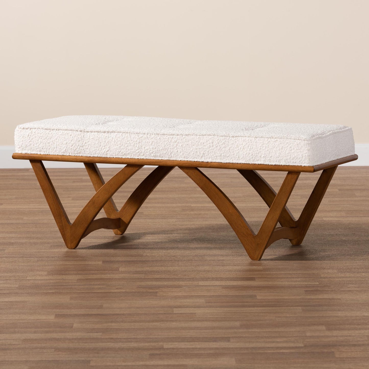 Baxton Studio Chenoa Japandi Cream Boucle Fabric and Walnut Brown Finished Wood Bench | Benches | Modishstore - 7