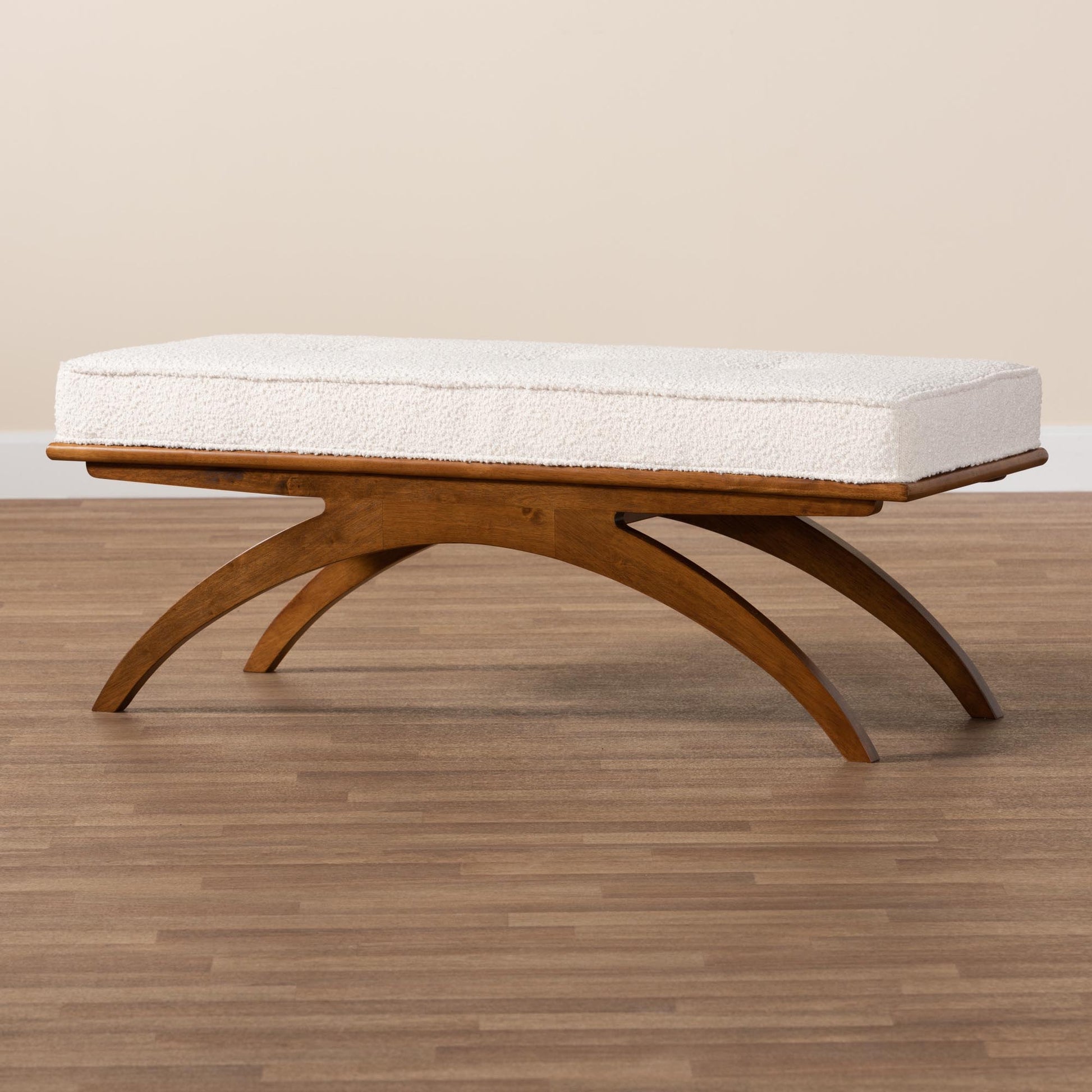 Baxton Studio Orella Japandi Cream Boucle Fabric and Walnut Brown Finished Wood Bench | Benches | Modishstore - 7