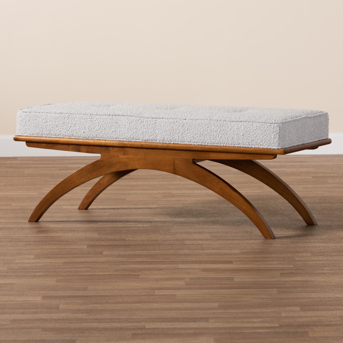 Baxton Studio Orella Japandi Light Grey Boucle Fabric and Walnut Brown Finished Wood Bench | Benches | Modishstore - 7