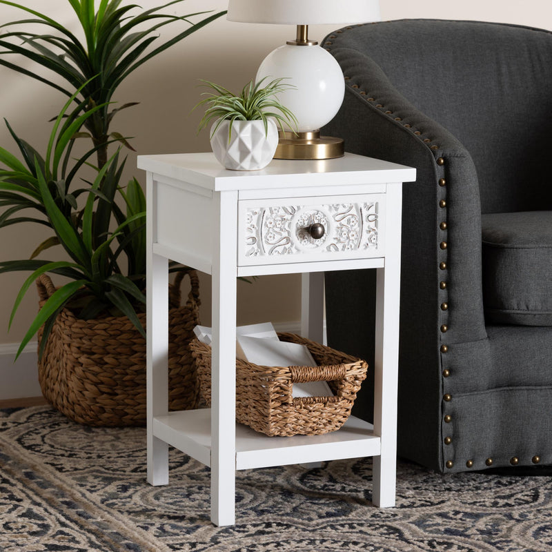 Baxton Studio Yelena Classic and Traditional White Finished Wood 1-Drawer End Table | End Tables | Modishstore