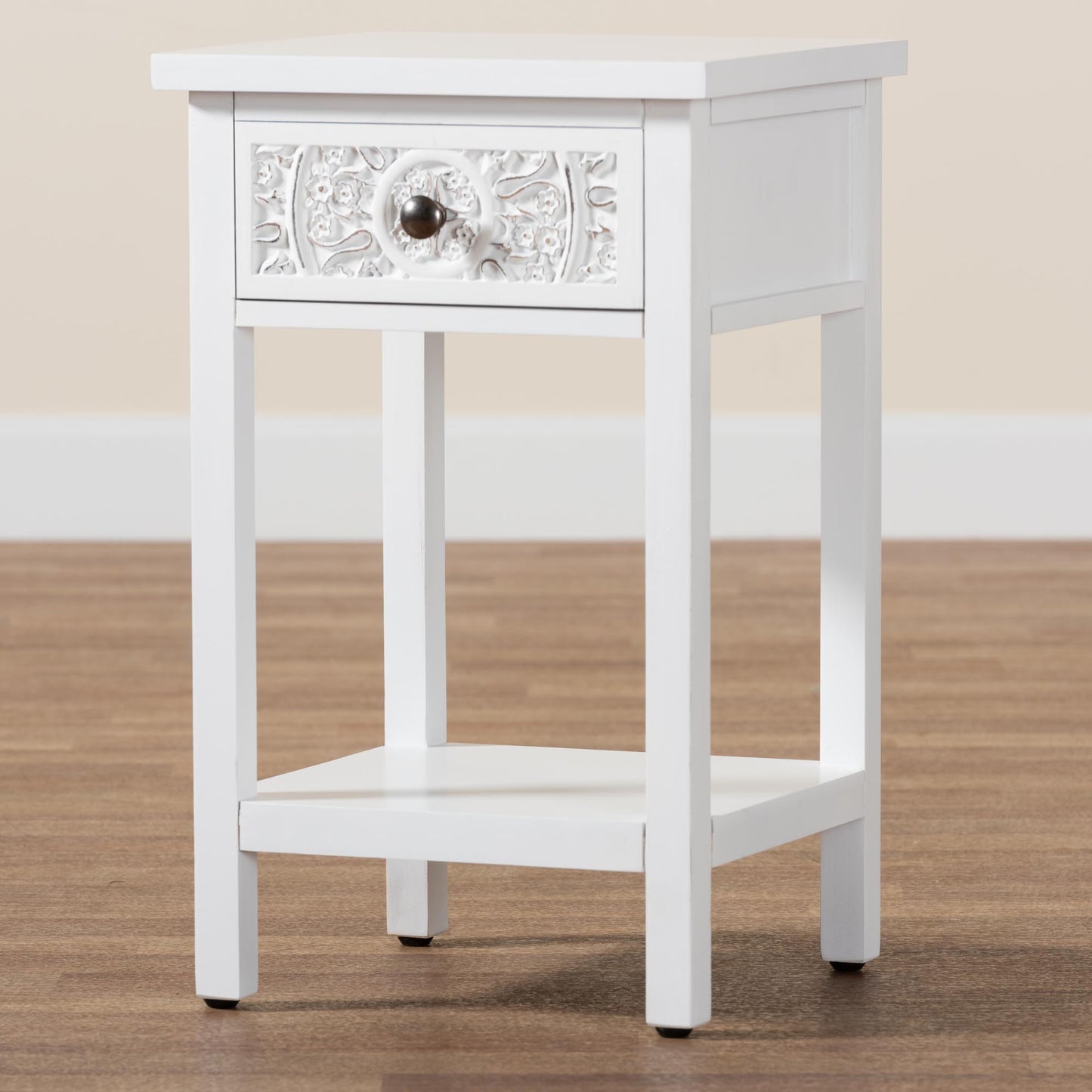 Baxton Studio Yelena Classic and Traditional White Finished Wood 1-Drawer End Table | End Tables | Modishstore - 9