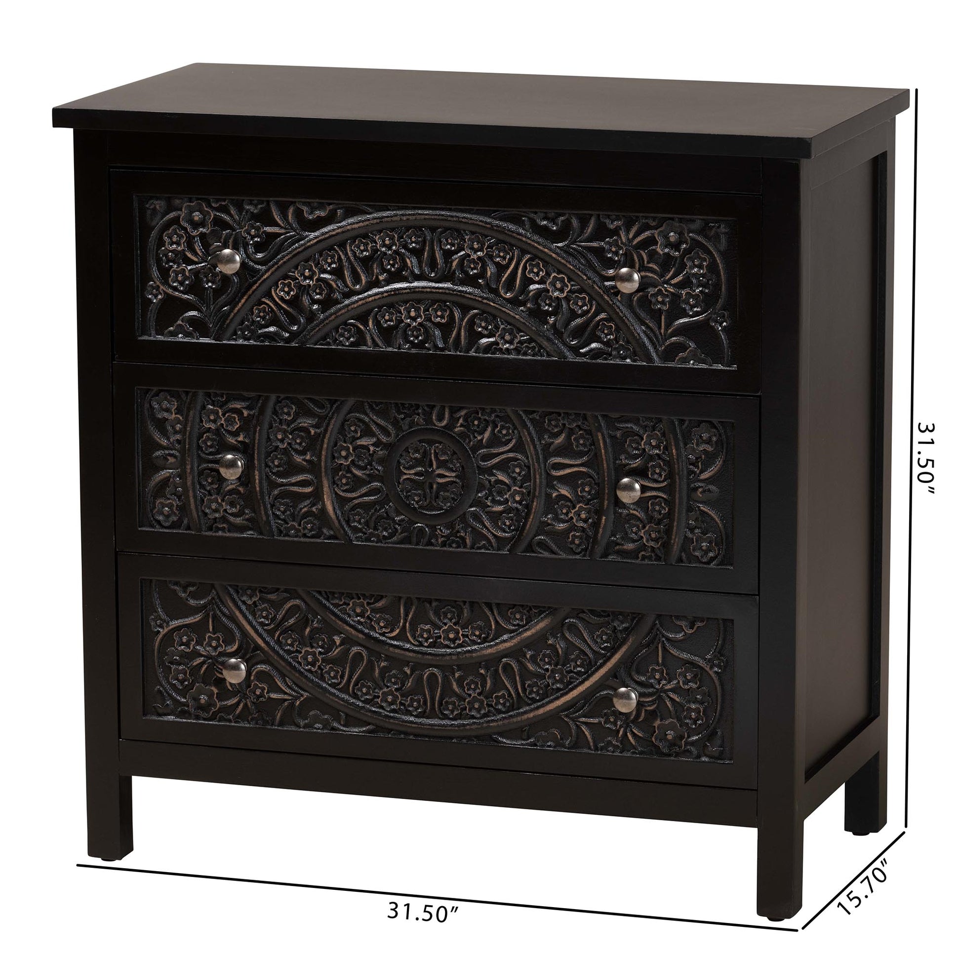 Baxton Studio Yelena Classic and Traditional Black Finished Wood 3-Drawer Storage Cabinet | Cabinets | Modishstore - 10