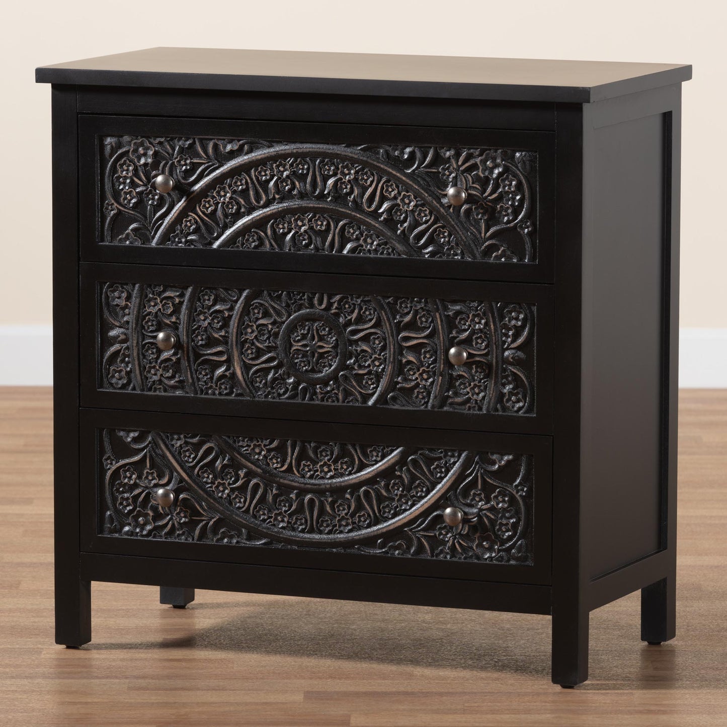 Baxton Studio Yelena Classic and Traditional Black Finished Wood 3-Drawer Storage Cabinet | Cabinets | Modishstore - 9