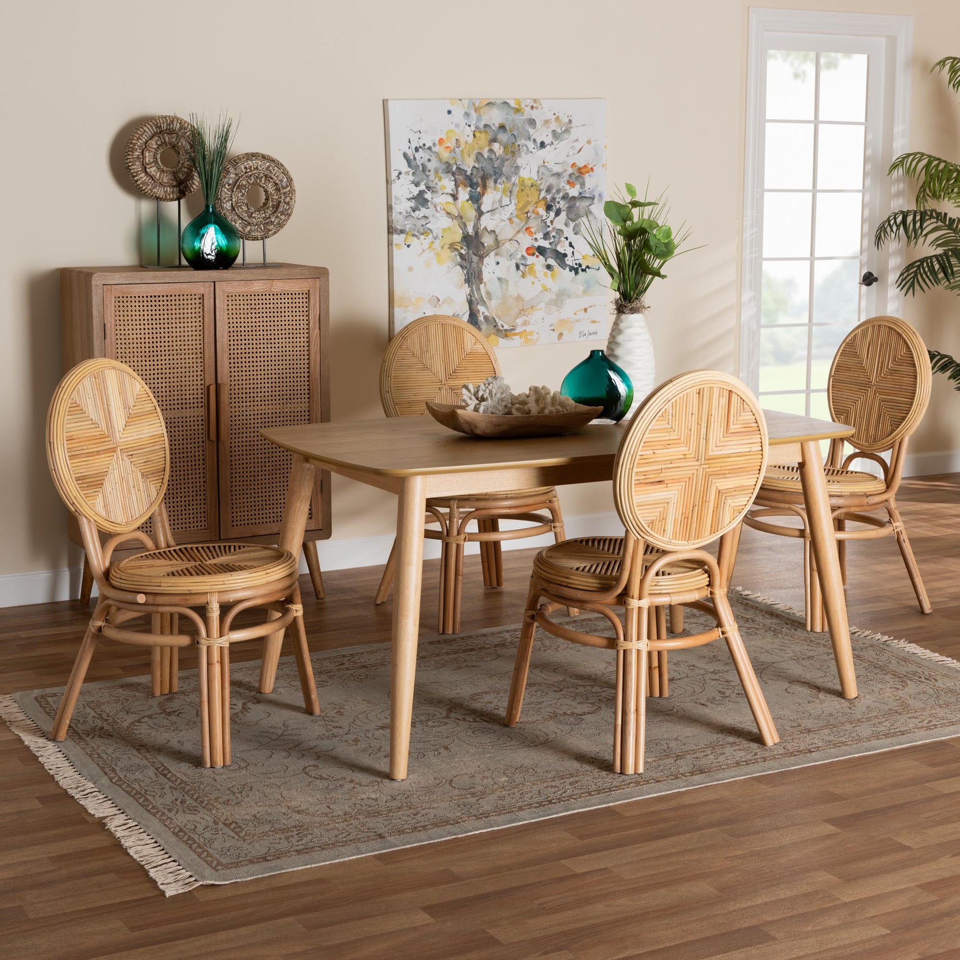 Baxton Studio Carita Modern Bohemian Natural Brown Rattan 5-Piece Dining Set | Dining Sets | Modishstore