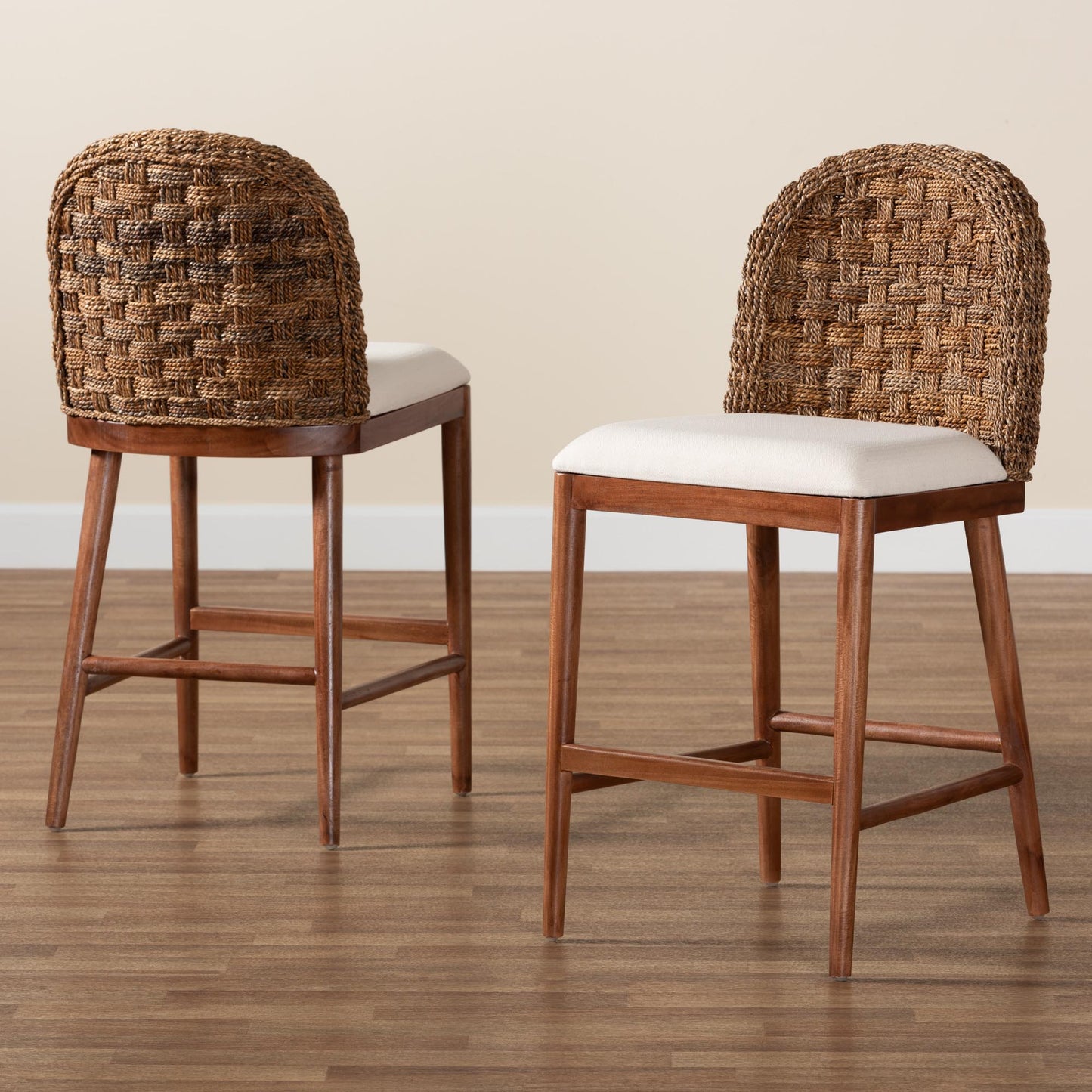 Baxton Studio bali & pari Denver Modern Bohemian Walnut Brown Finished Acacia Wood and Seagrass 2-Piece Counter Stool Set | Counter Stools | Modishstore - 2