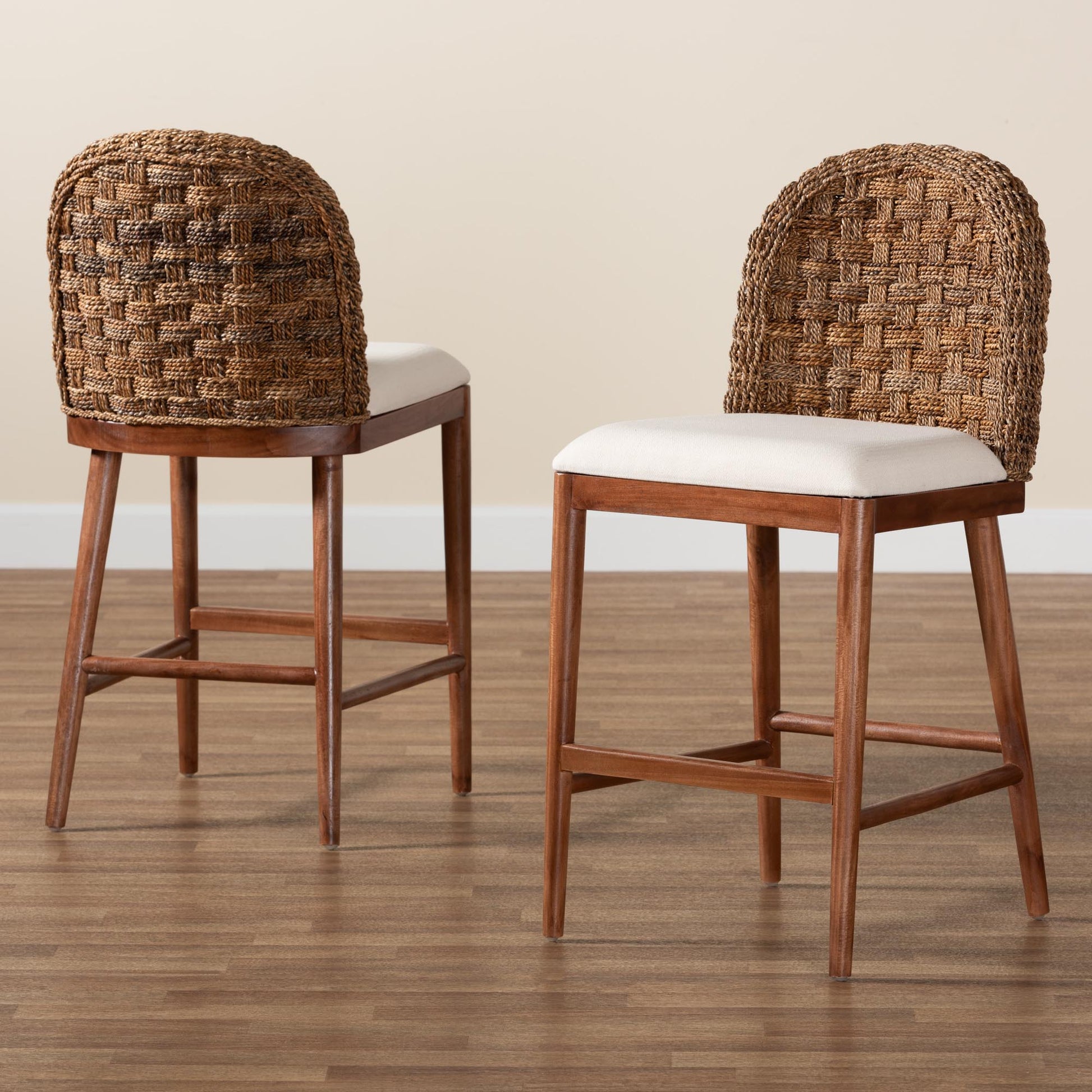 Baxton Studio bali & pari Denver Modern Bohemian Walnut Brown Finished Acacia Wood and Seagrass 2-Piece Counter Stool Set | Counter Stools | Modishstore - 2