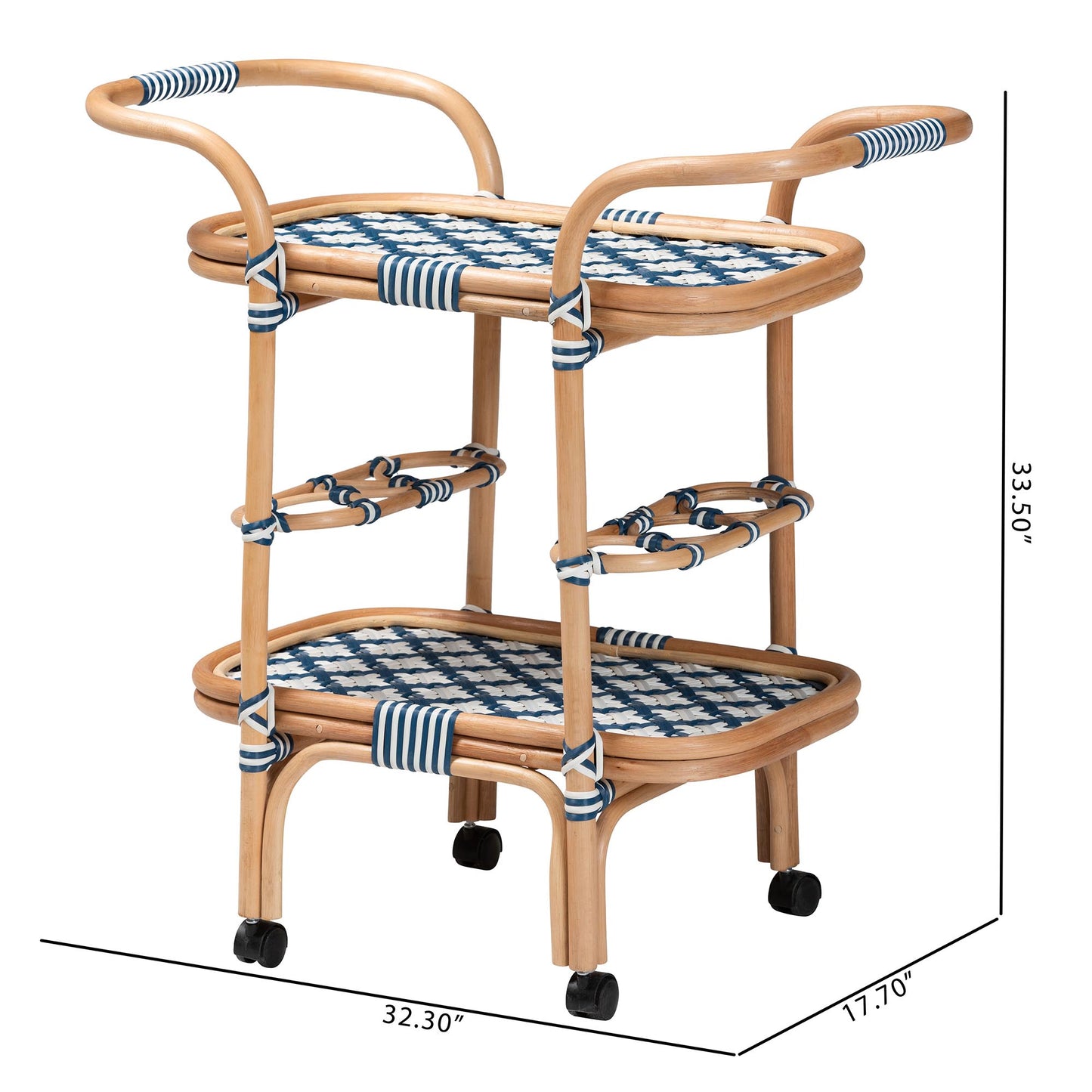 Baxton Studio bali and pari Chasca Modern Bohemian Blue and White Weaving and Natural Rattan Wine Cart | Bar Carts | Modishstore - 10