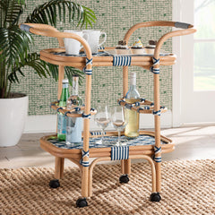 Baxton Studio bali and pari Chasca Modern Bohemian Blue and White Weaving and Natural Rattan Wine Cart