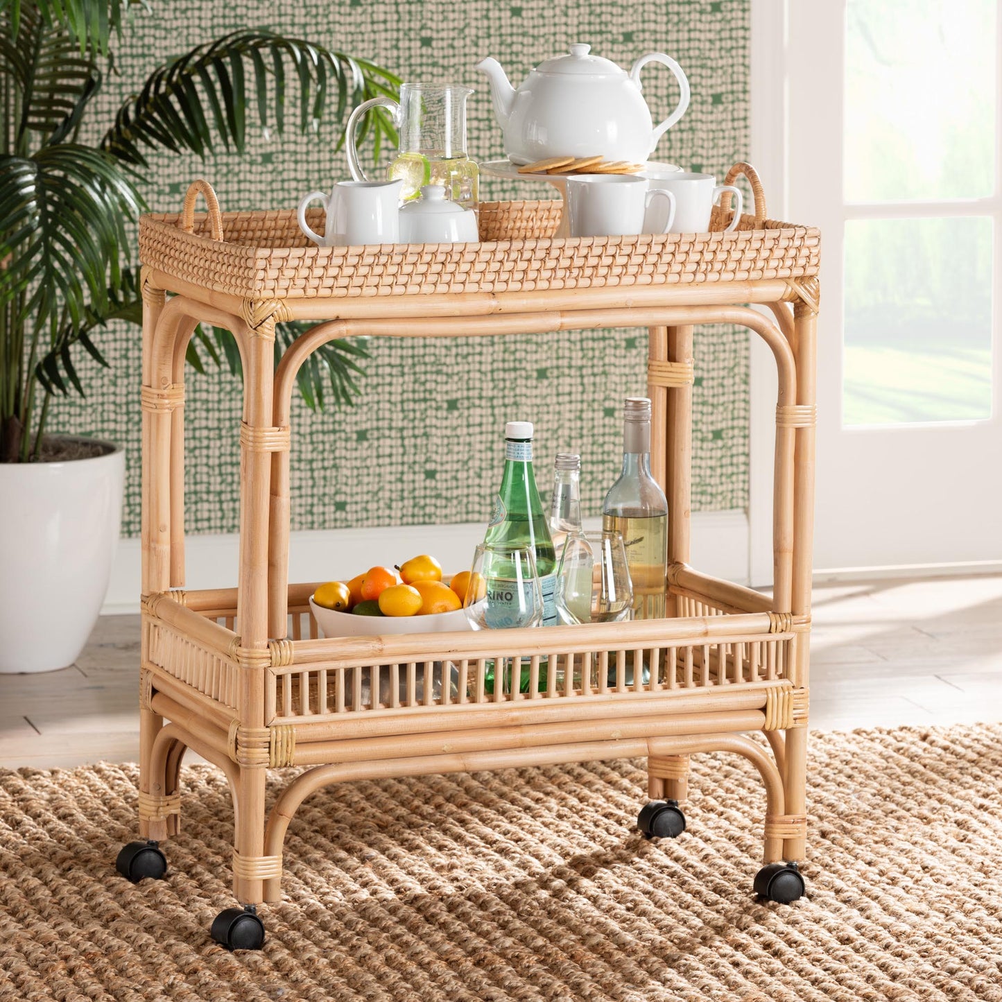 Baxton Studio bali & pari Lombok Modern Bohemian Natural Brown Rattan Wine Cart | Bar Carts | Modishstore