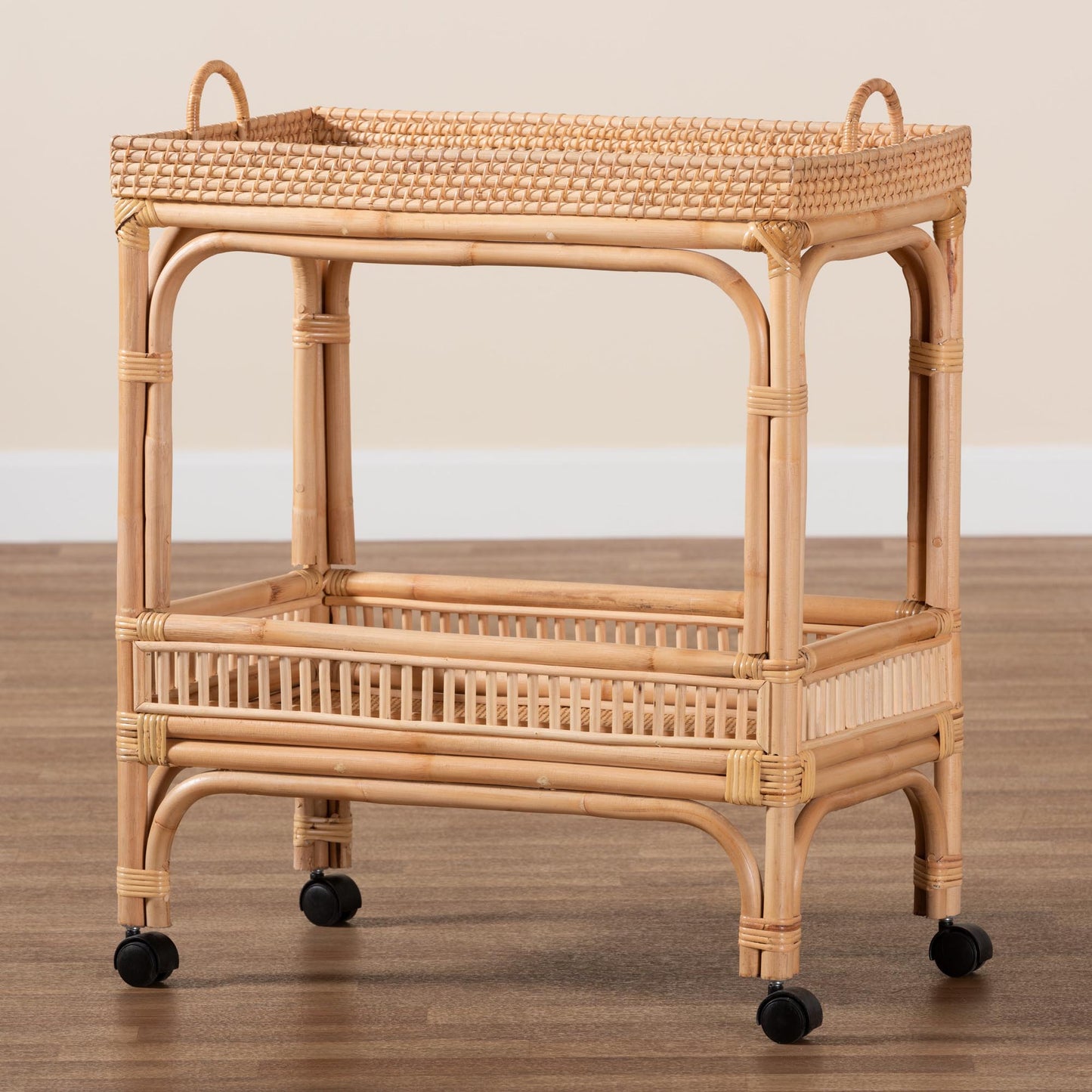 Baxton Studio bali & pari Lombok Modern Bohemian Natural Brown Rattan Wine Cart | Bar Carts | Modishstore - 9