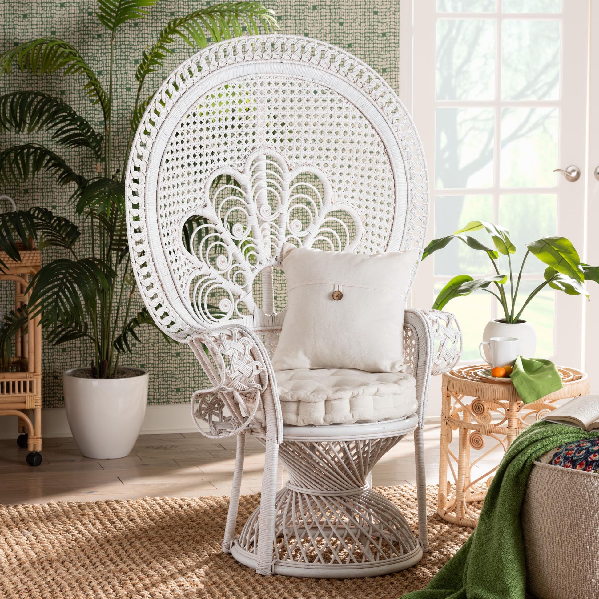 Baxton Studio bali & pari Ediva Modern Bohemian White Natural Rattan Peacock Accent Chair | Accent Chairs | Modishstore