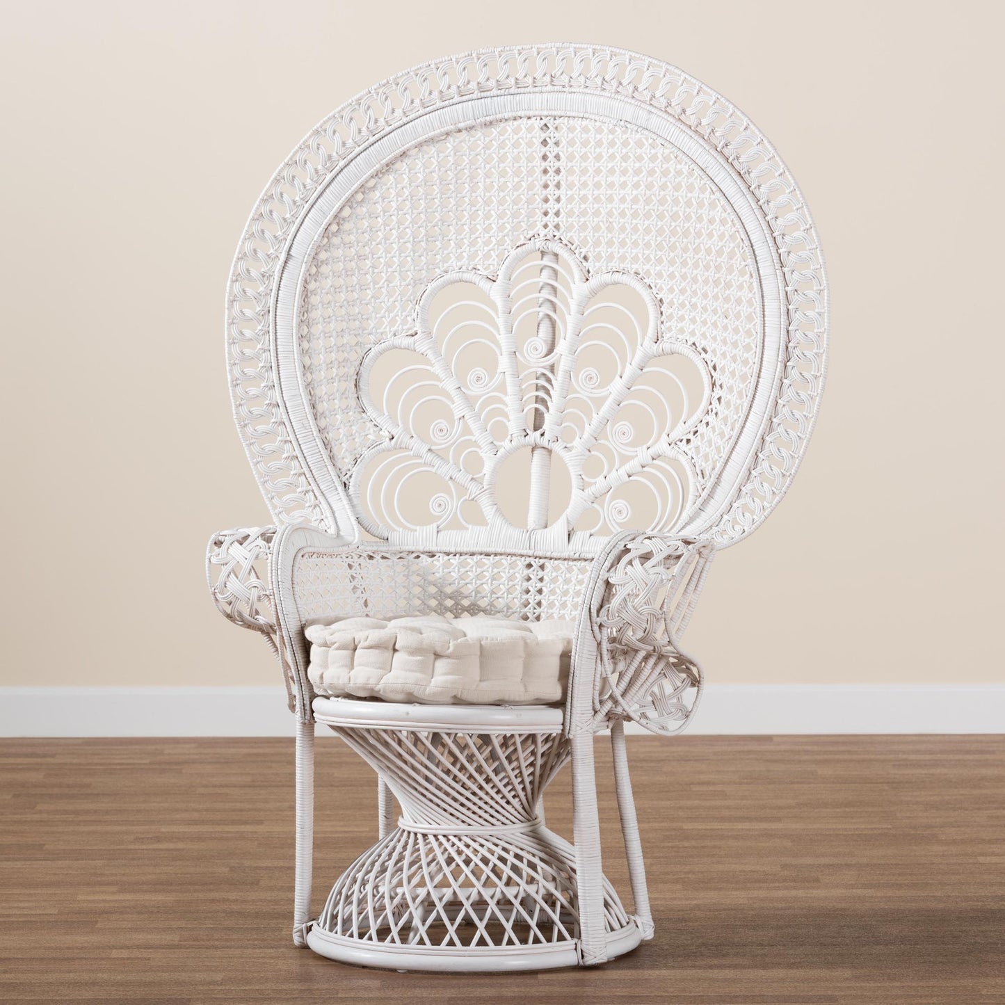 Baxton Studio bali & pari Ediva Modern Bohemian White Natural Rattan Peacock Accent Chair | Accent Chairs | Modishstore - 9