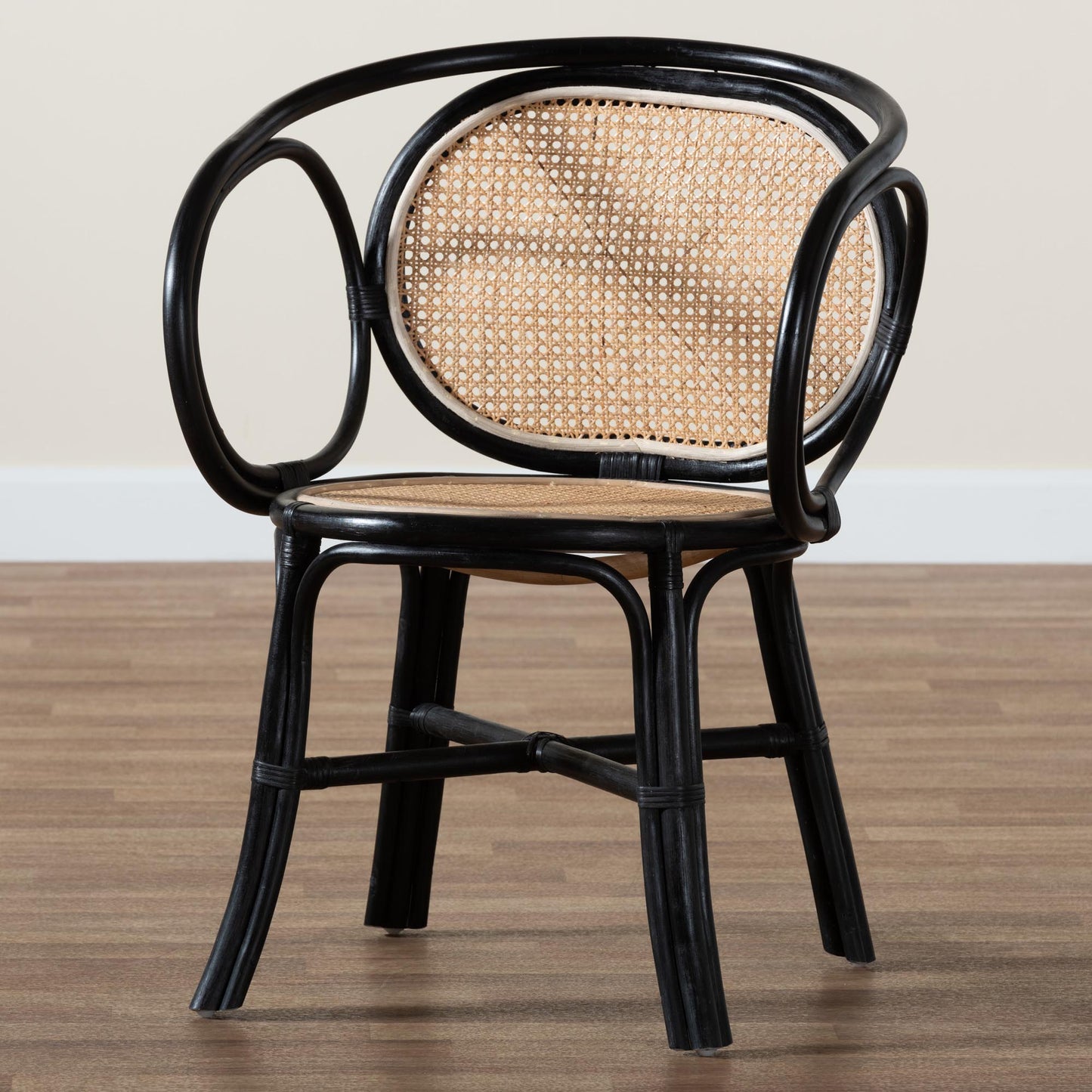 Baxton Studio bali & pari Palesa Modern Bohemian Two-Tone Black and Natural Brown Rattan Dining Chair | Dining Chairs | Modishstore - 9